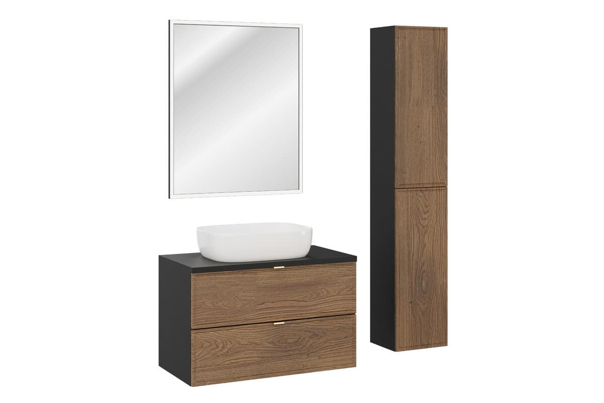 Kúpeľňová zostava Talia Casella s doskou, umývadlom, skrinkami a zrkadlom 80 cm čierna mat/dub casella
