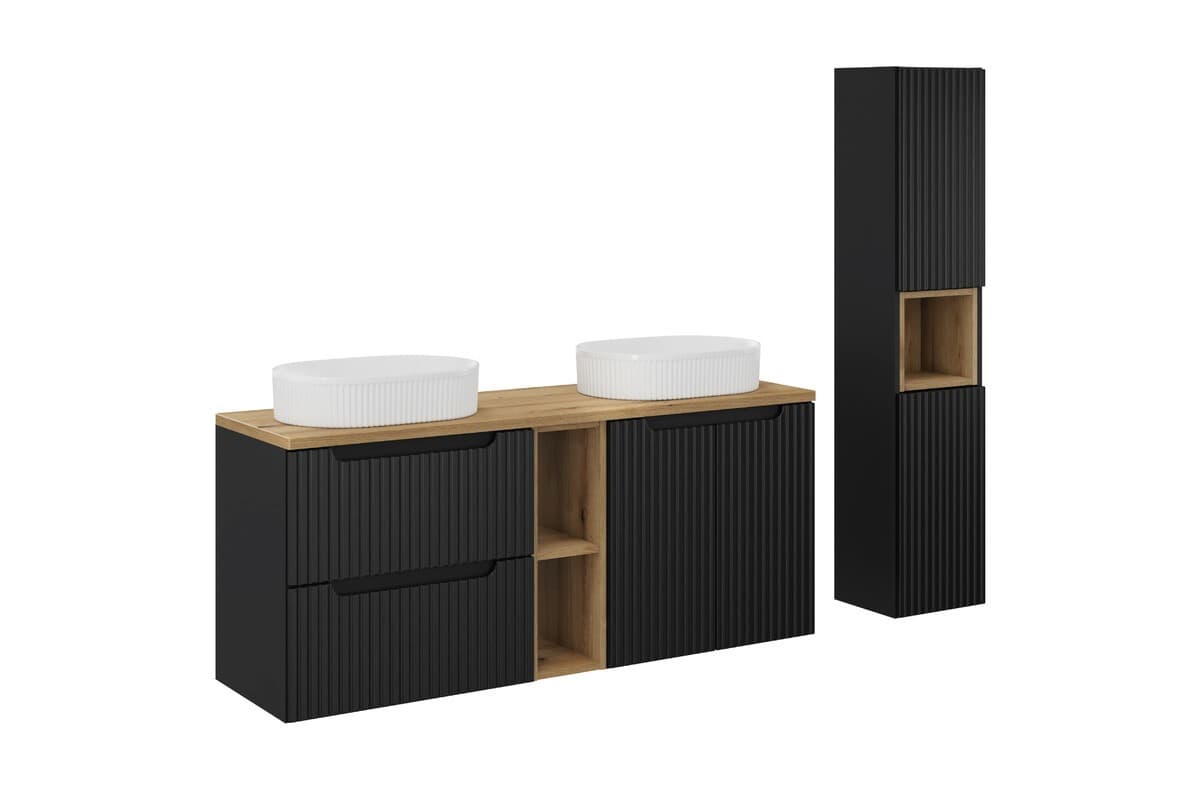 Kúpeľňová zostava Nova Black so skrinkami a umývadlami 140 cm čierna/dub Evoke 1