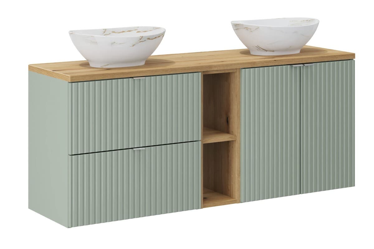 Závesná skrinka Line Reed Green s doskou a umývadlami 140 cm zelená/dub evoke