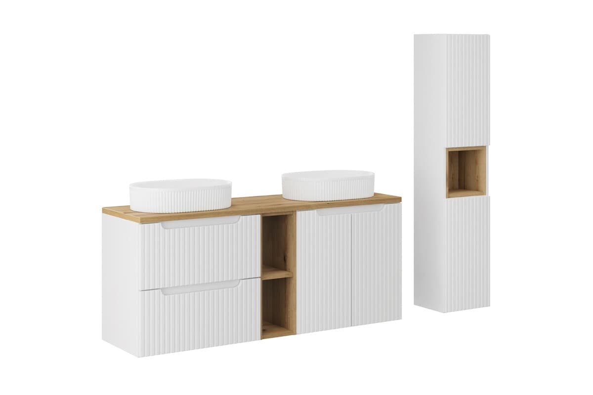 Kúpeľňová zostava Nova White so skrinkami a umývadlami 140 cm biela/dub evoke 1