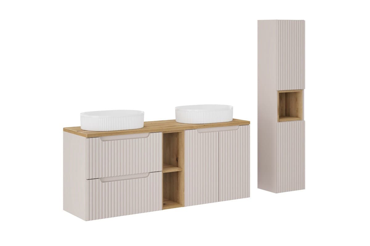 Kúpeľňová zostava Nova Cashmere so skrinkami a umývadlami 140 cm kašmírová/dub evoke 1