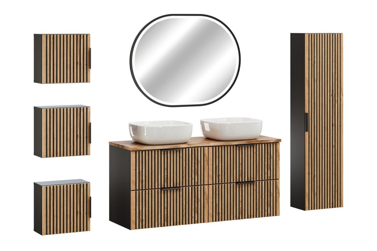Kúpeľňová zostava Casad Nature Smile s doskou, skrinkami, umývadlami a LED zrkadlom 120 cm čierna/dub wotan