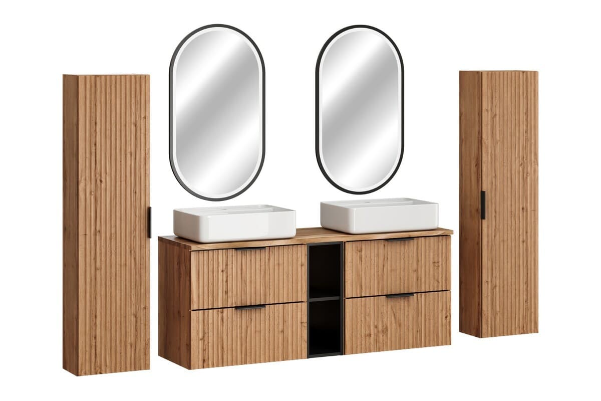 Kúpeľňová zostava Casad Magic s doskou, umývadlami, skrinkami a LED zrkadlom 140 cm dub wotan