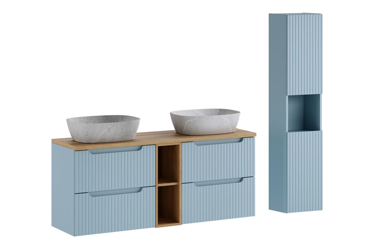 Kúpeľňová zostava Nova Denim s doskou, skrinkami a umývadlami 140 cm modrá/dub coast evoke