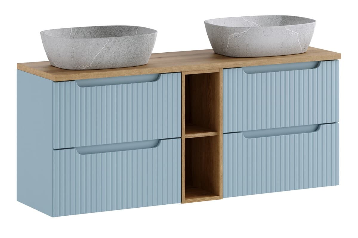 Závesná skrinka Nova Denim Anna s doskou a umývadlami 140 cm modrá/dub coast evoke