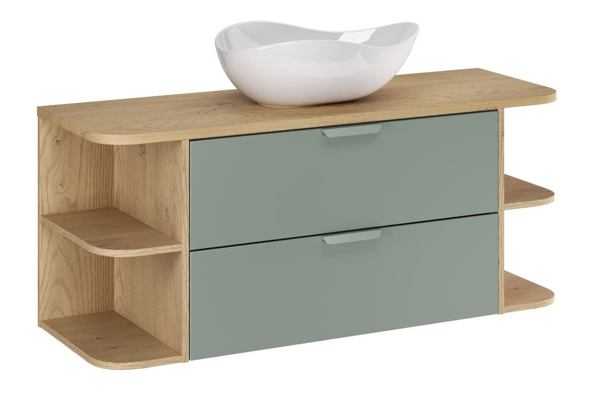 Závesná skrinka Aster Ovalia Cloud s umývadlom 120 cm dub cremona/zelená