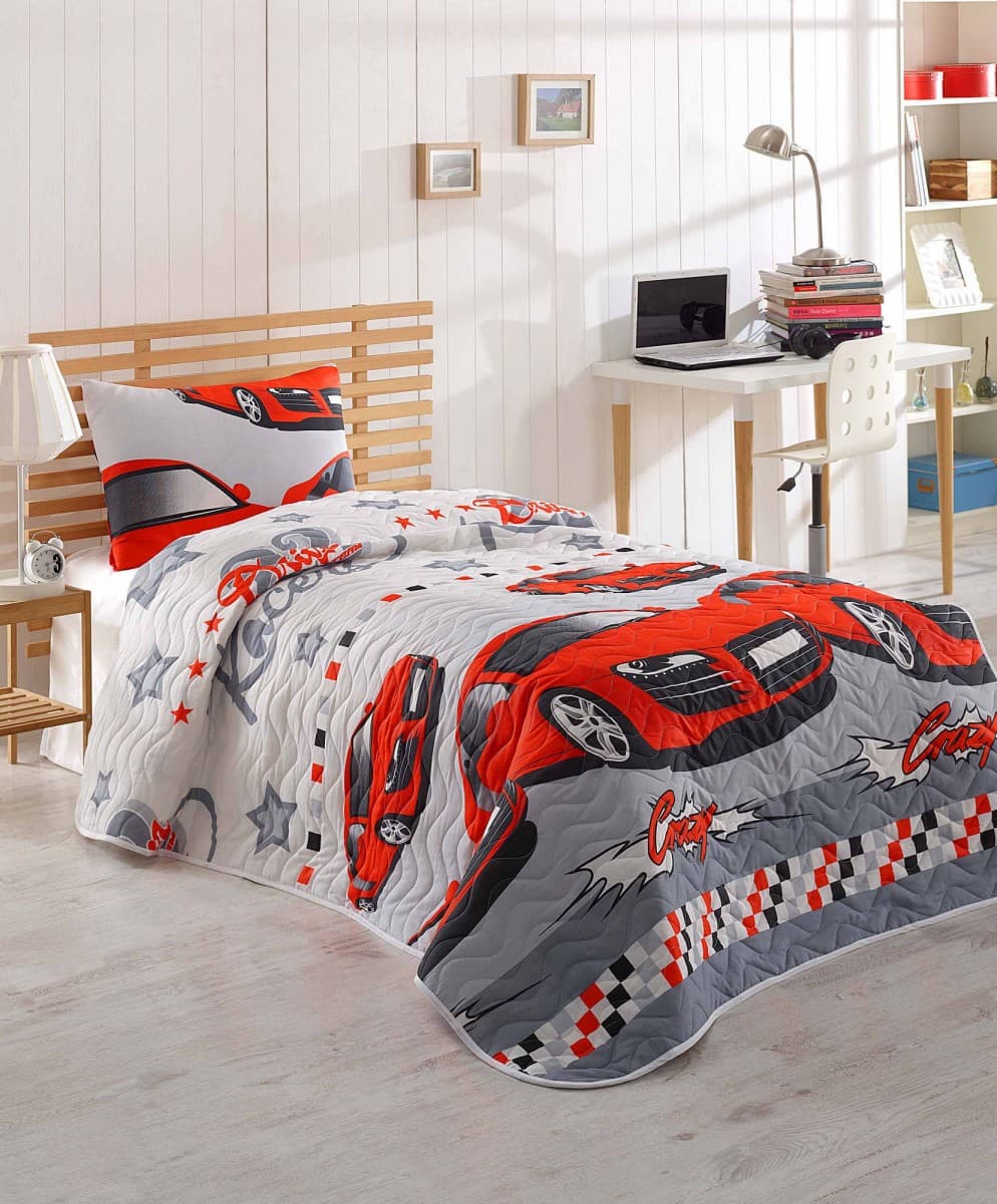 Detský bavlnený prehoz cez posteľ a obliečka na vankúš Cars 160x220 cm červeno-sivý 1
