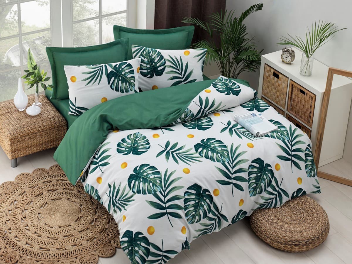 Súprava posteľnej bielizne a plachiet pre dvojlôžko Monstera 200x220 cm zeleno-biela