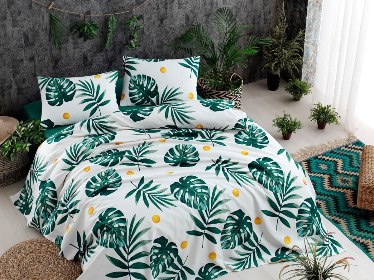 Bavlnený pique prehoz Monstera 200x235 cm zelený/biely 1