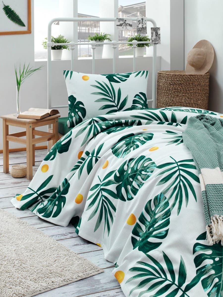 Bavlnený pique prehoz Monstera 160x235 cm zelený/biely 1