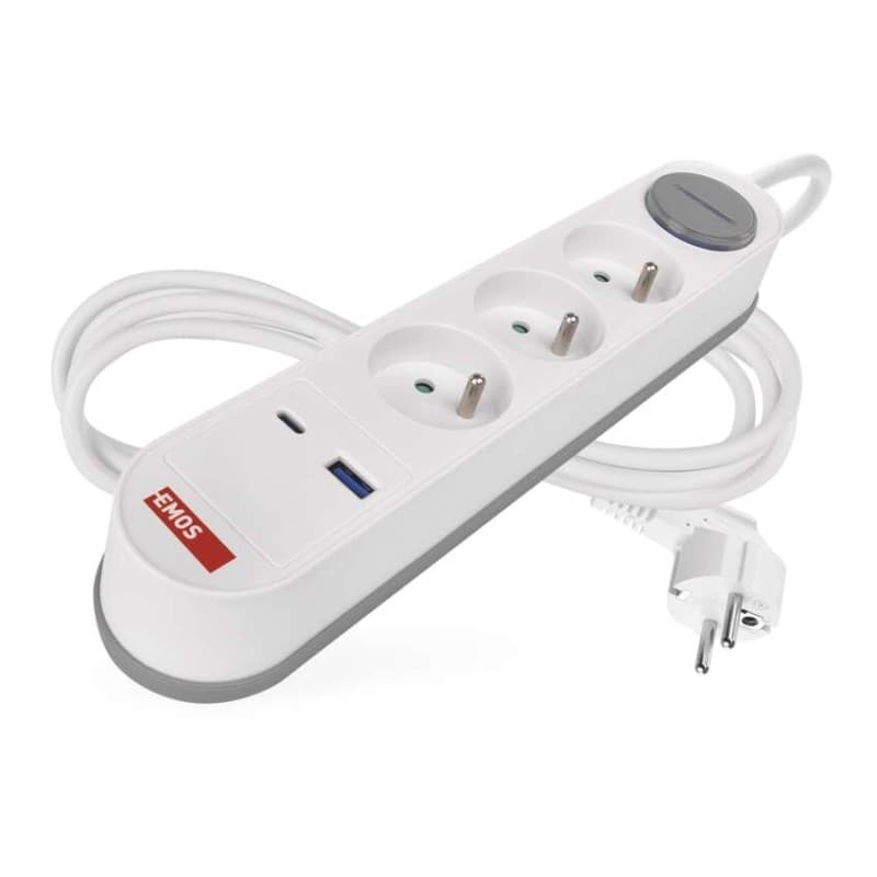 Predlžovací kábel s vypínačom, 3 zásuvkami a USB 1,5 mm² WALKER 2 m biely 1