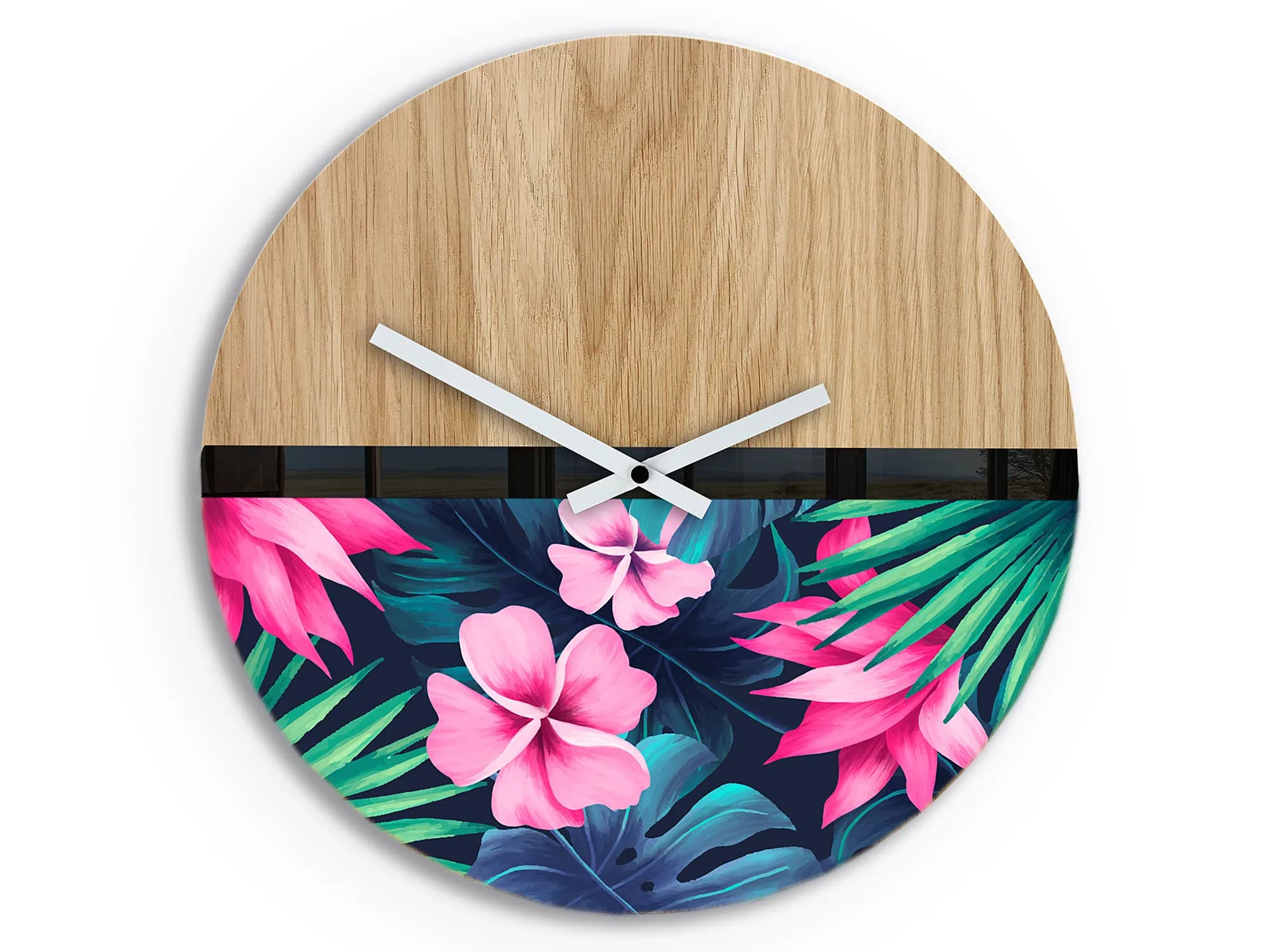 Drevené nástenné hodiny Flower 33 cm dub prírodný/ružové 1
