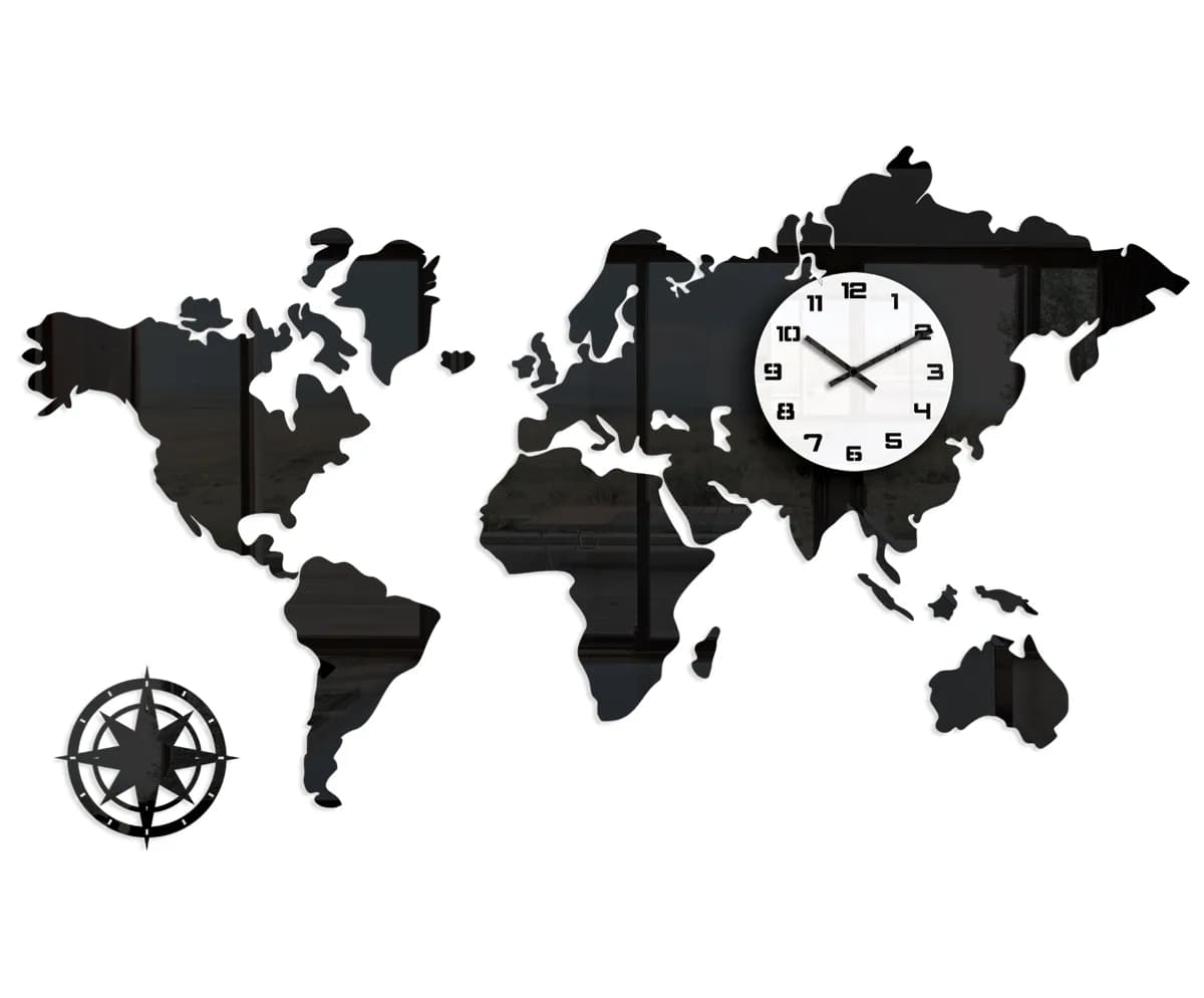 3D nalepovacie hodiny Continents čierno-biele