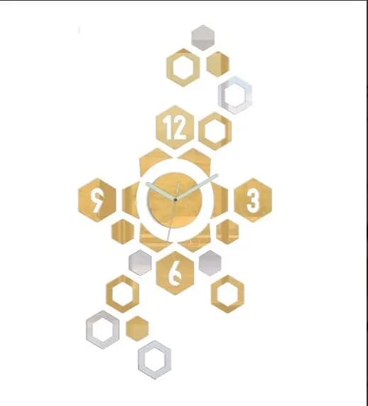 3D nalepovacie hodiny Hexagon zlato-zrkadlové