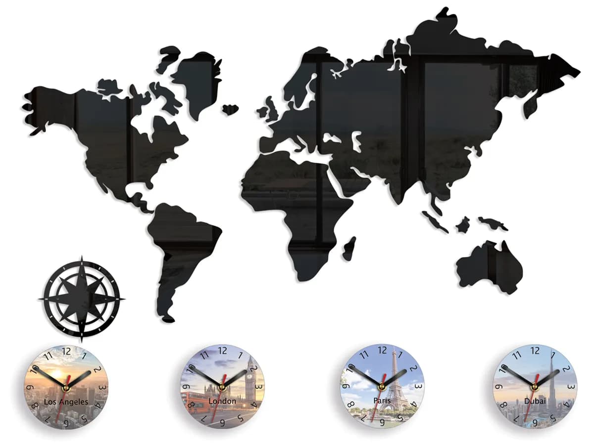 3D nalepovacie hodiny World map čierne