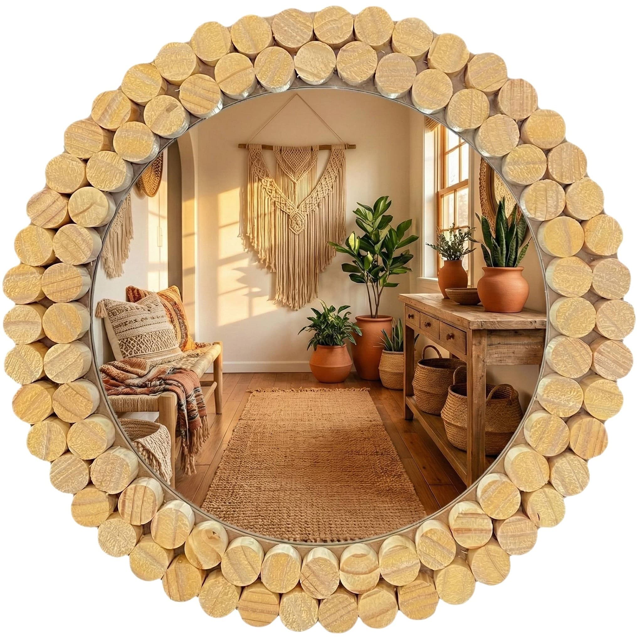 Okrúhle nástenné zrkadlo BOHO 36 cm prírodné