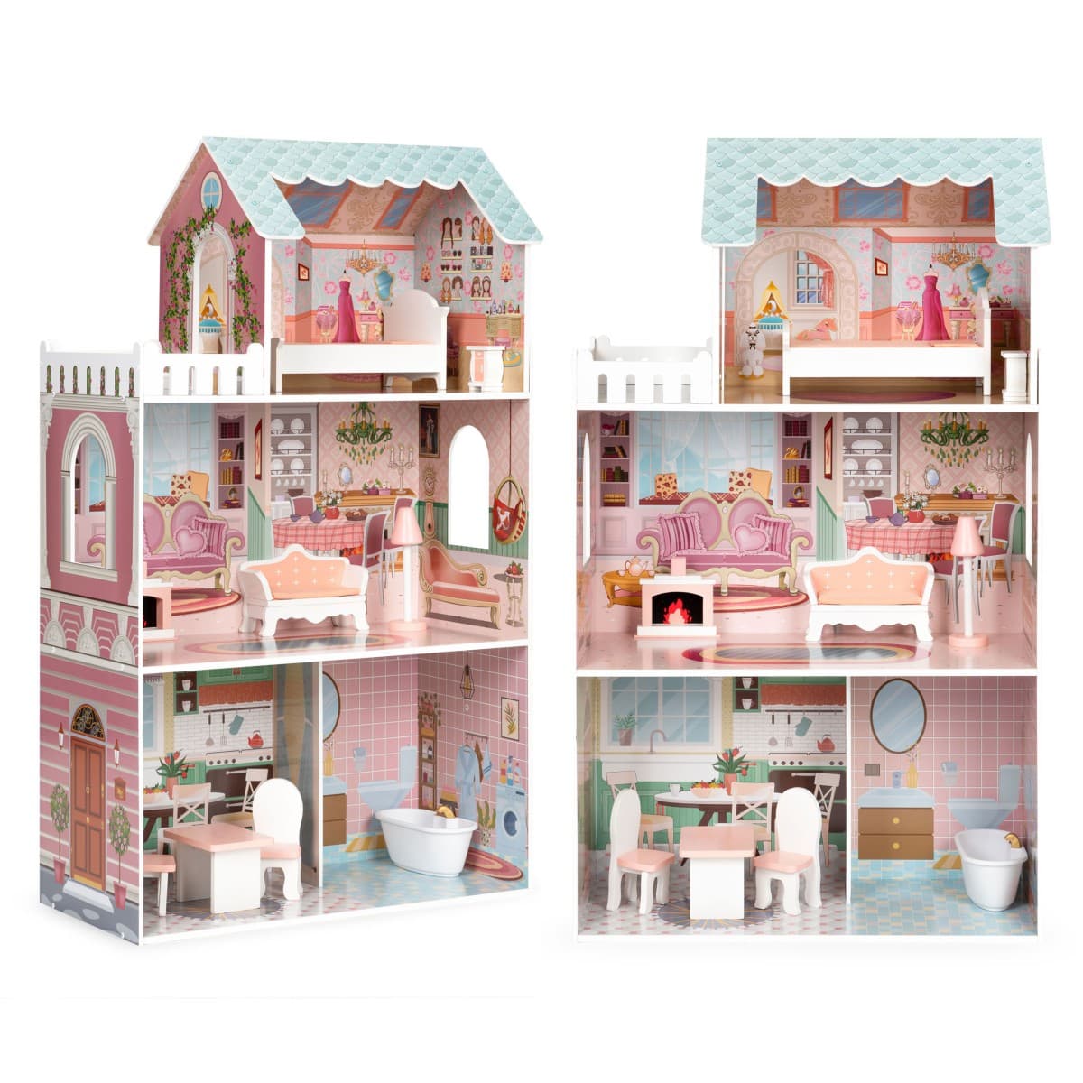 Drevený domček pre bábiky ECOTOYS: BARBIE s nábytkom ružový 1