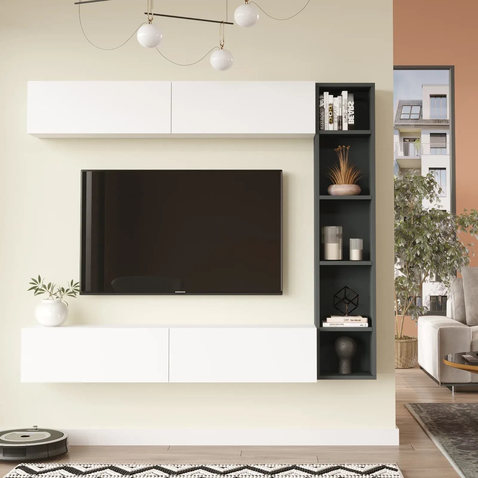 TV stena Houseland Cohen biela/antracitovo sivá 1