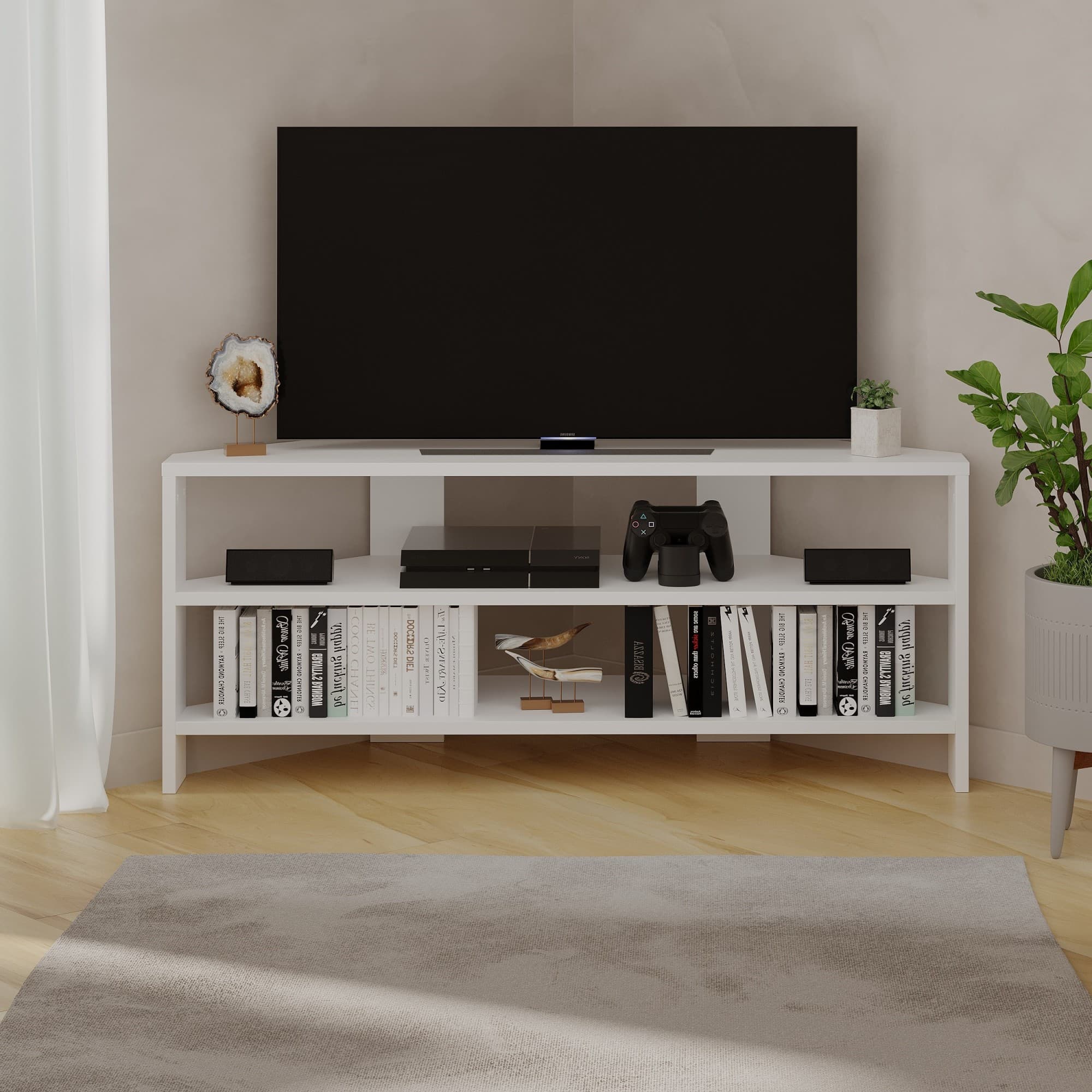 Rohový TV stolík Houseland Thales biely 1