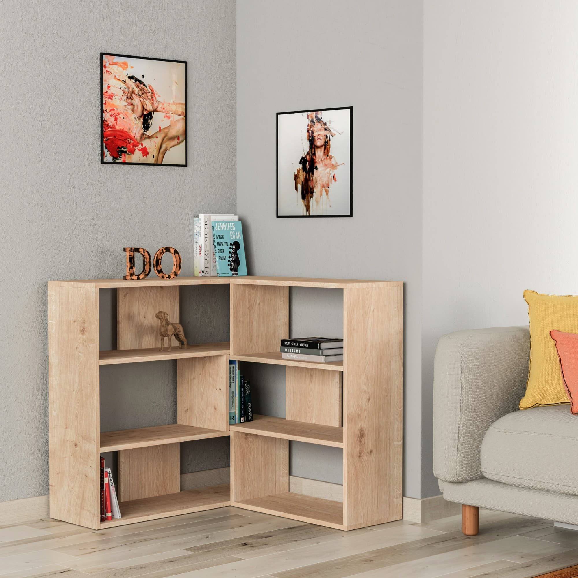 Moderná rohová knižnica Houseland Molly No.3 dub prírodný 1