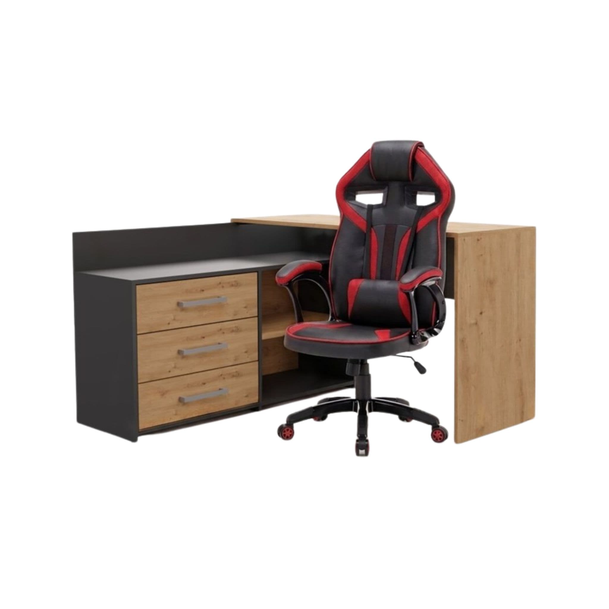 Rohový písací stôl Dany dub Artisan/antracit s herným kreslom Drift čierno-červeným 1