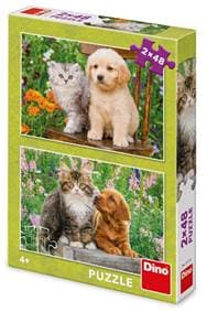 Puzzle 2x48 Pejsek a kočička na zahradě - autor neuvedený