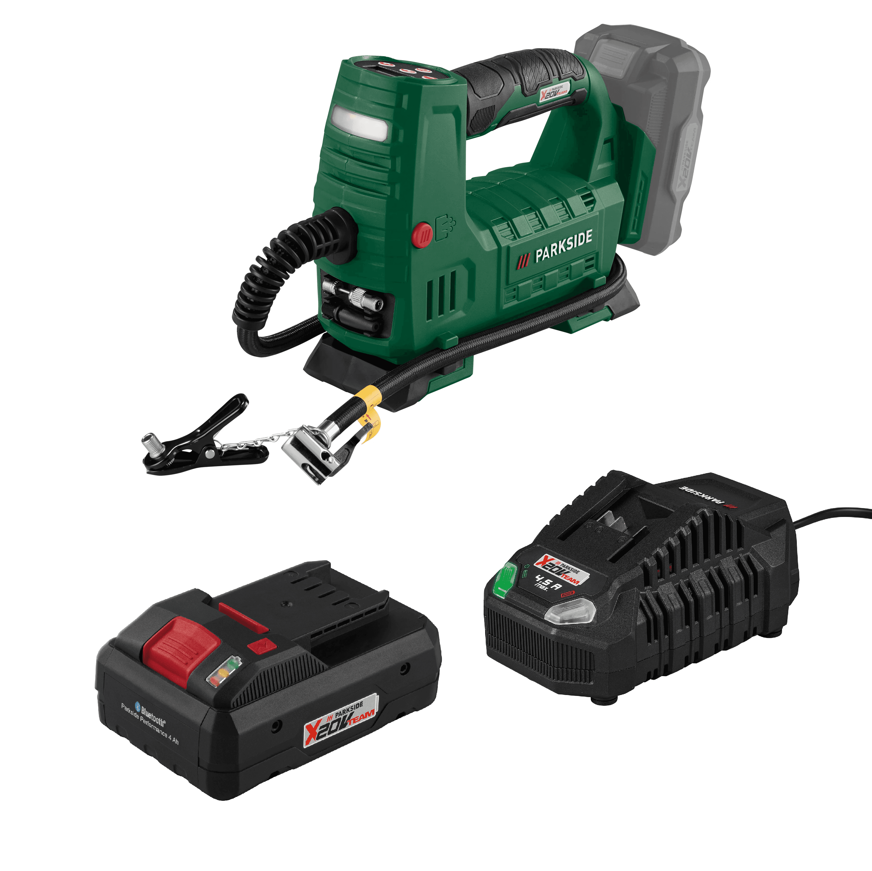 PARKSIDE® Aku kompresor 20 V PAKT 20-Li A1 + Smart akumulátor 20 V/4 Ah + Rýchlonabíjačka akumulátora 20 V/4,5 A
