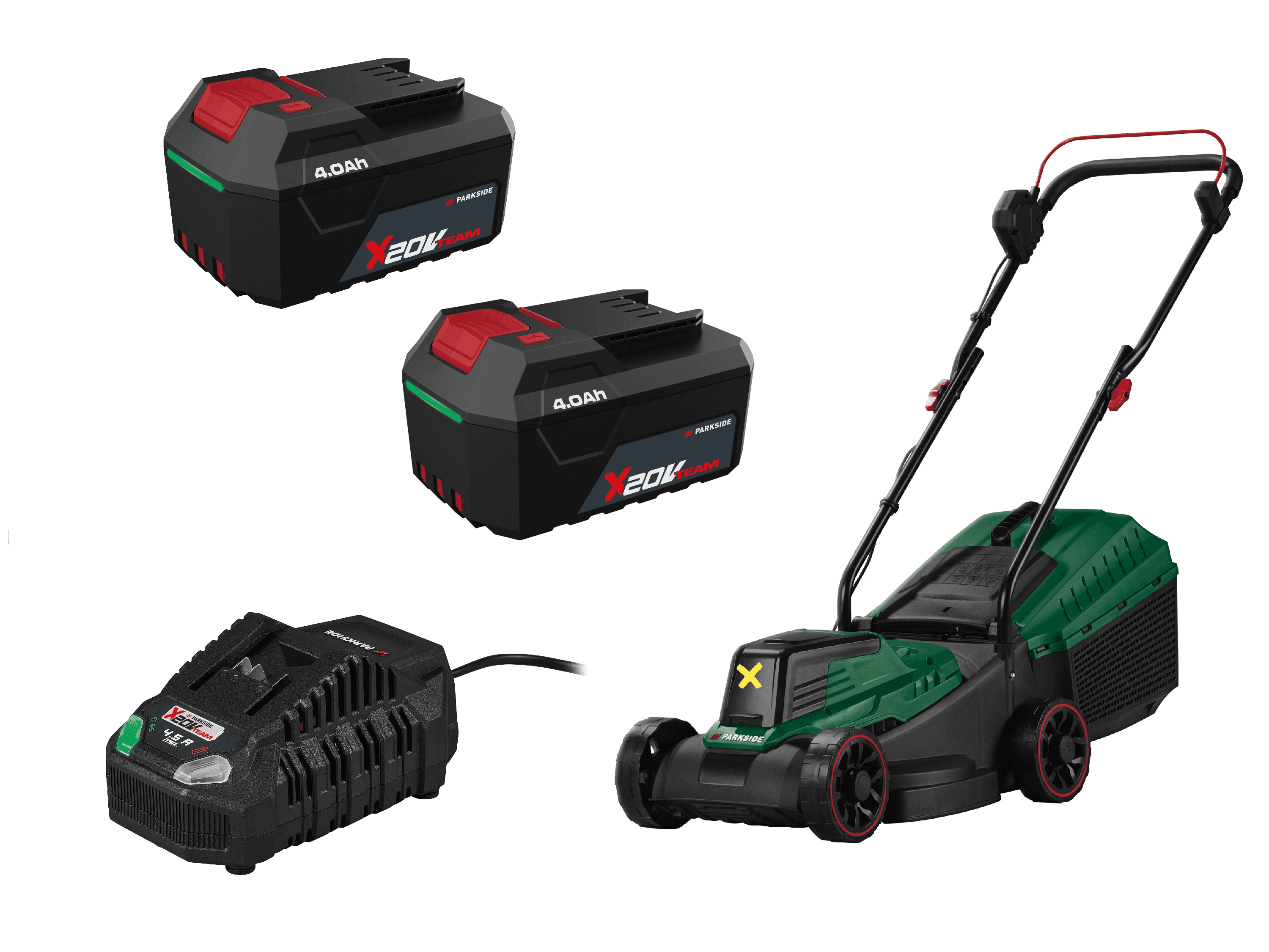 PARKSIDE® Aku kosačka na trávu 20 V PARM 20 A1 + Akumulátor 20 V/4 Ah, 2 kusy + Rýchlonabíjačka 20 V/4,5 A