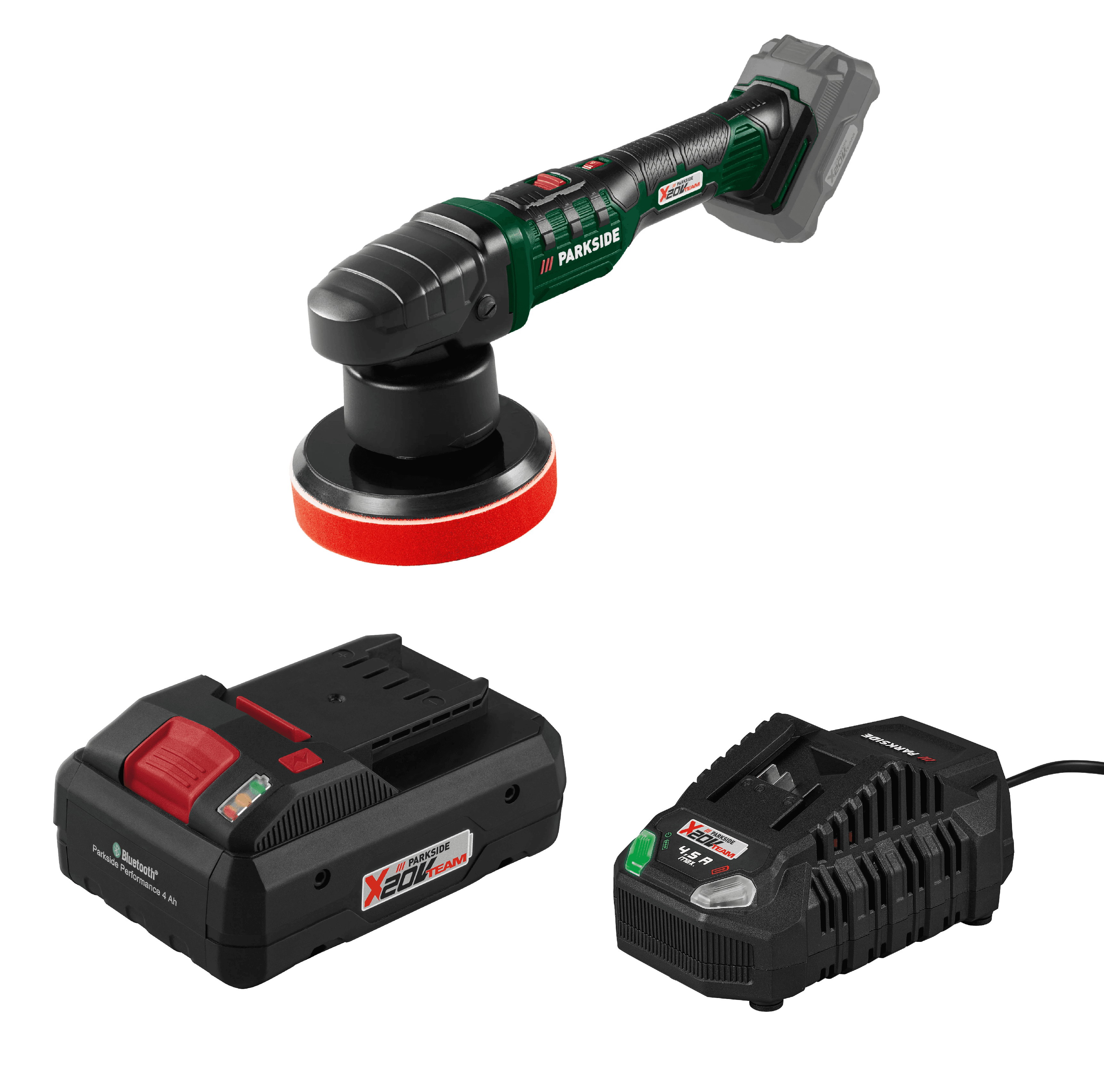PARKSIDE® Aku leštička PPMA 20-Li C4 + Smart akumulátor 20 V/4 Ah PAPS 204 B1 + Rýchlonabíjačka akumulátora 20 V/4,5 A PLG 20 C3