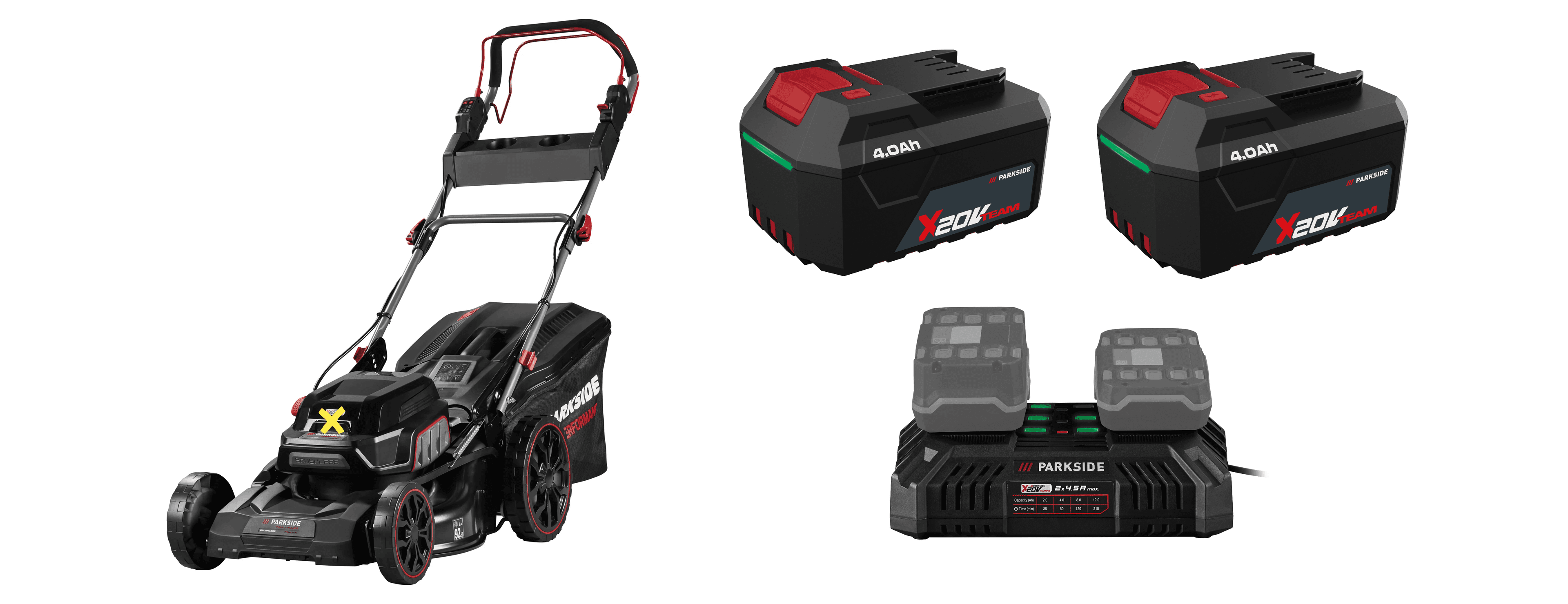 PARKSIDE PERFORMANCE® Aku kosačka na trávu PPRMA 40-Li C3 + Akumulátor 20 V/4 Ah PAP 204 A1, 2 kusy + Dvojitá nabíjačka 20 V/4,5 A 1