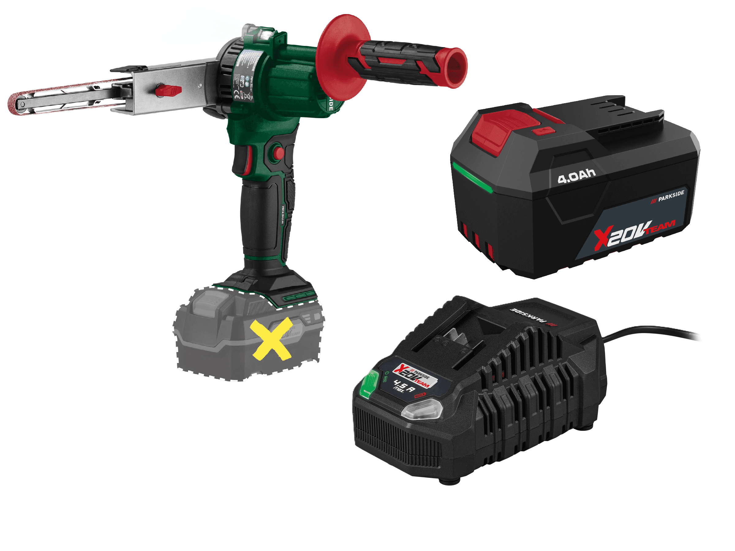 PARKSIDE® Aku pásový pilník 20 V PBFA 20-Li A1 + Akumulátor 20 V/4 Ah + Rýchlonabíjačka 20 V/4,5 A