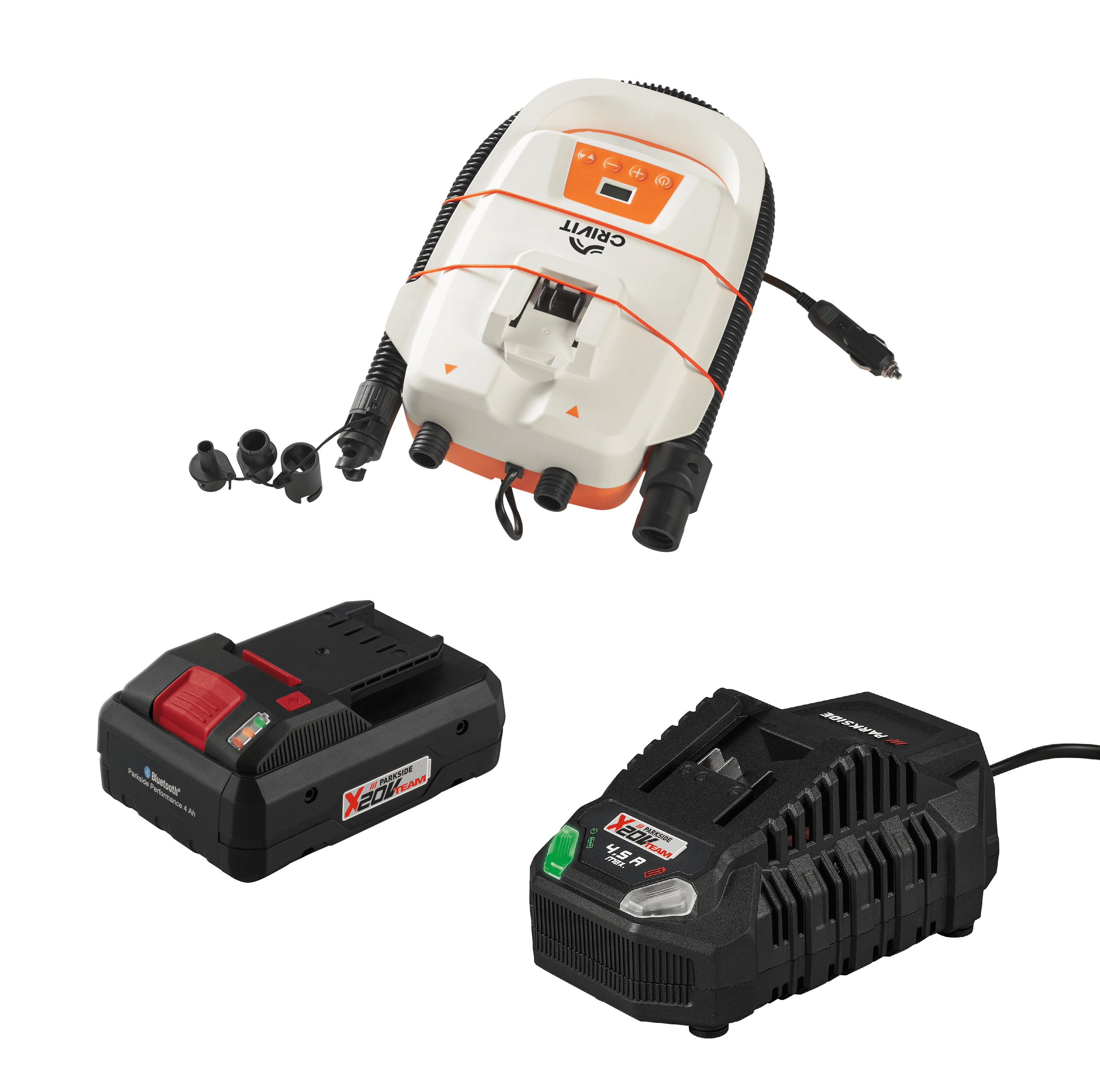 CRIVIT Pumpa na paddleboard CSPA 20-Li A1 + Smart akumulátor 20 V/4 Ah + Rýchlonabíjačka akumulátora 20 V/4,5 A