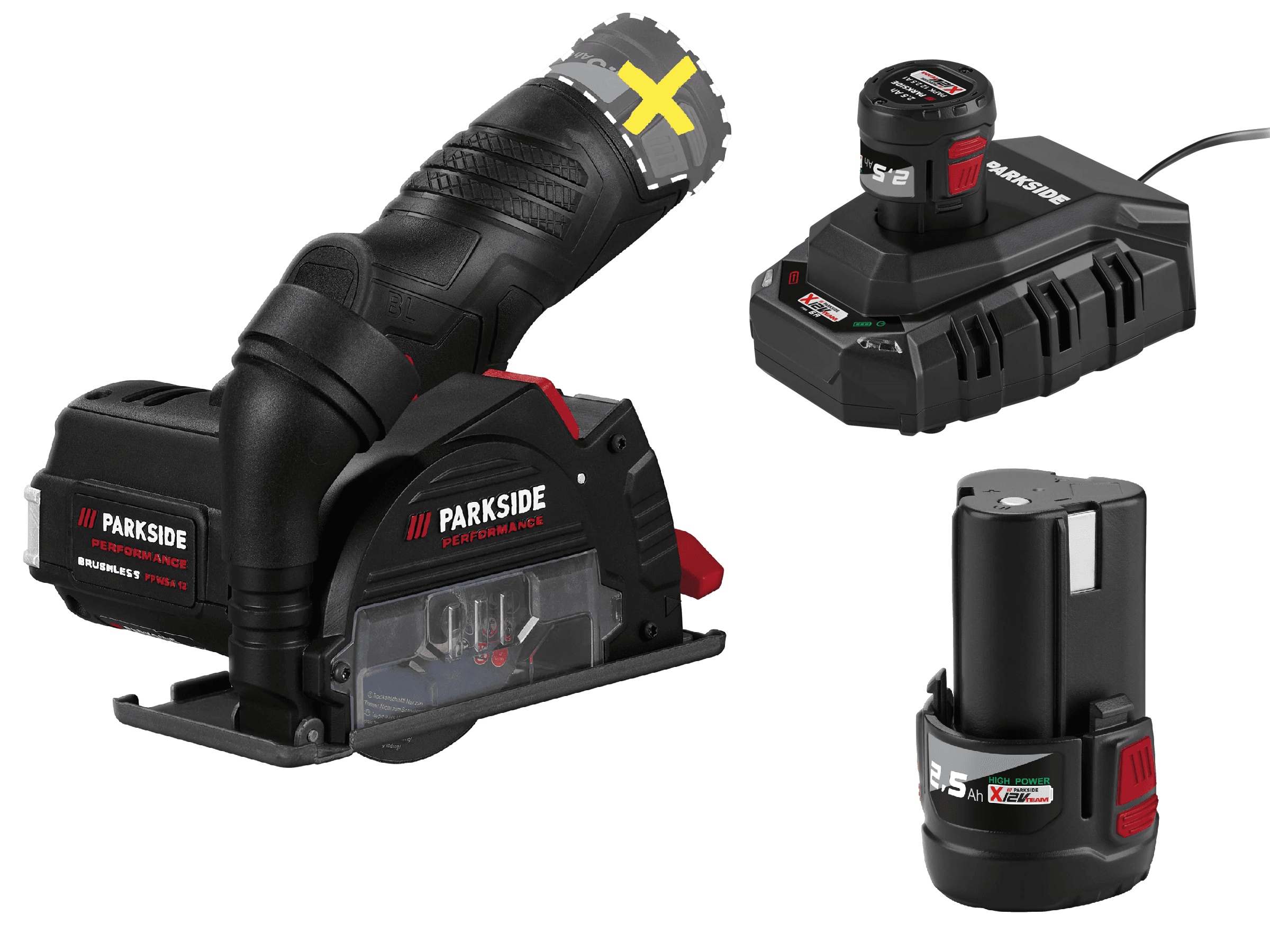 PARKSIDE PERFORMANCE® Aku uhlová brúska 12 V PPWSA 12 A1 + Akumulátor 12 V/2,5 Ah, 2 kusy + Nabíjačka 6 A