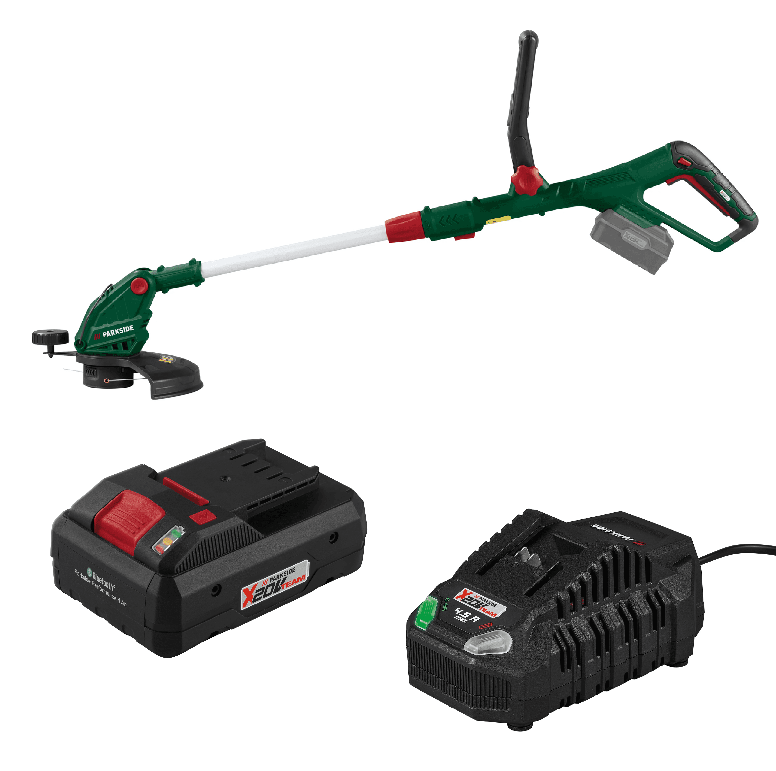 PARKSIDE® Aku strunová kosačka 20 V PRTA 20-Li D3 + Smart akumulátor 20 V/4 Ah + Rýchlonabíjačka akumulátora 20 V/4,5 A