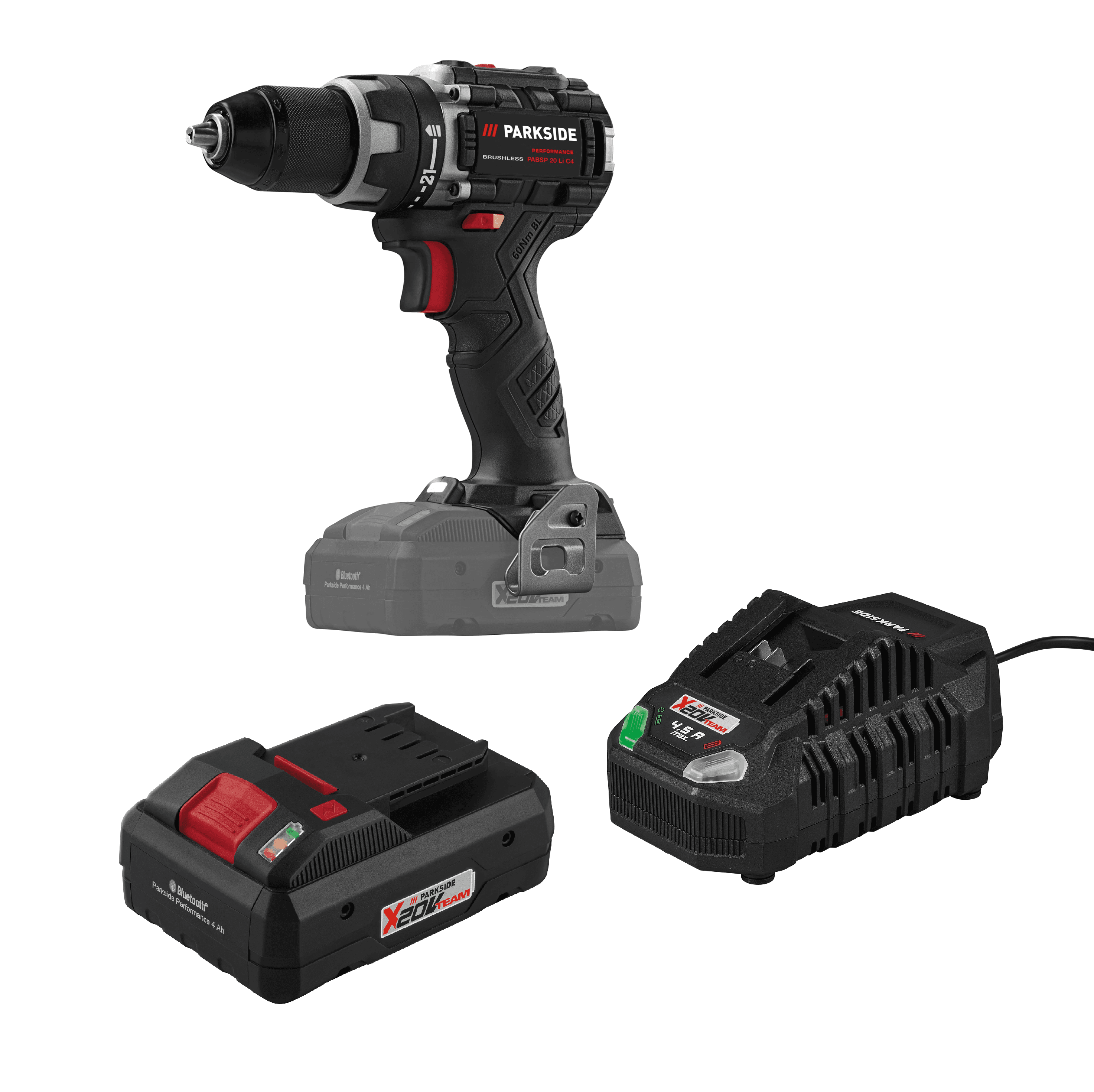 PARKSIDE PERFORMANCE® Aku vŕtací skrutkovač 20 V PABSP 20 Li C4 + Smart akumulátor 20 V/4 Ah + Rýchlonabíjačka akumulátora 20 V/4,5 A