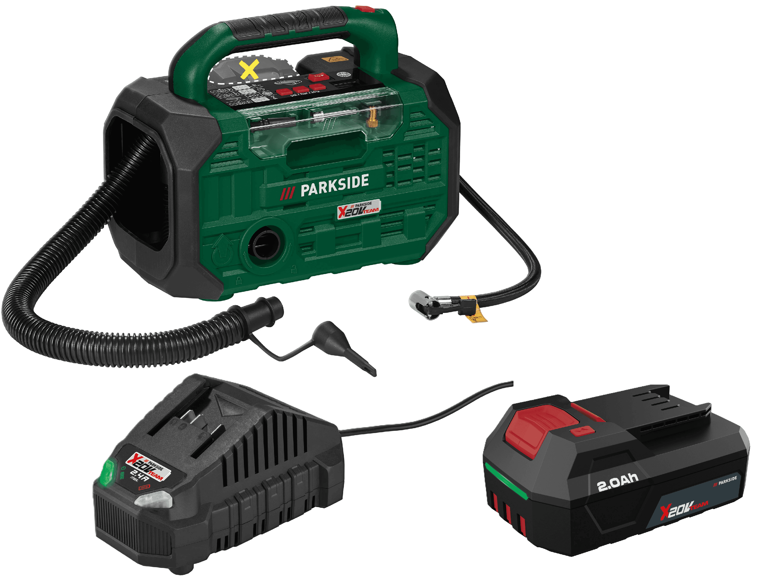 PARKSIDE® Aku kompresor a pumpa PKA 20-Li D3 + Akumulátor 20 V/2 Ah + Nabíjačka 20 V/2,4 A