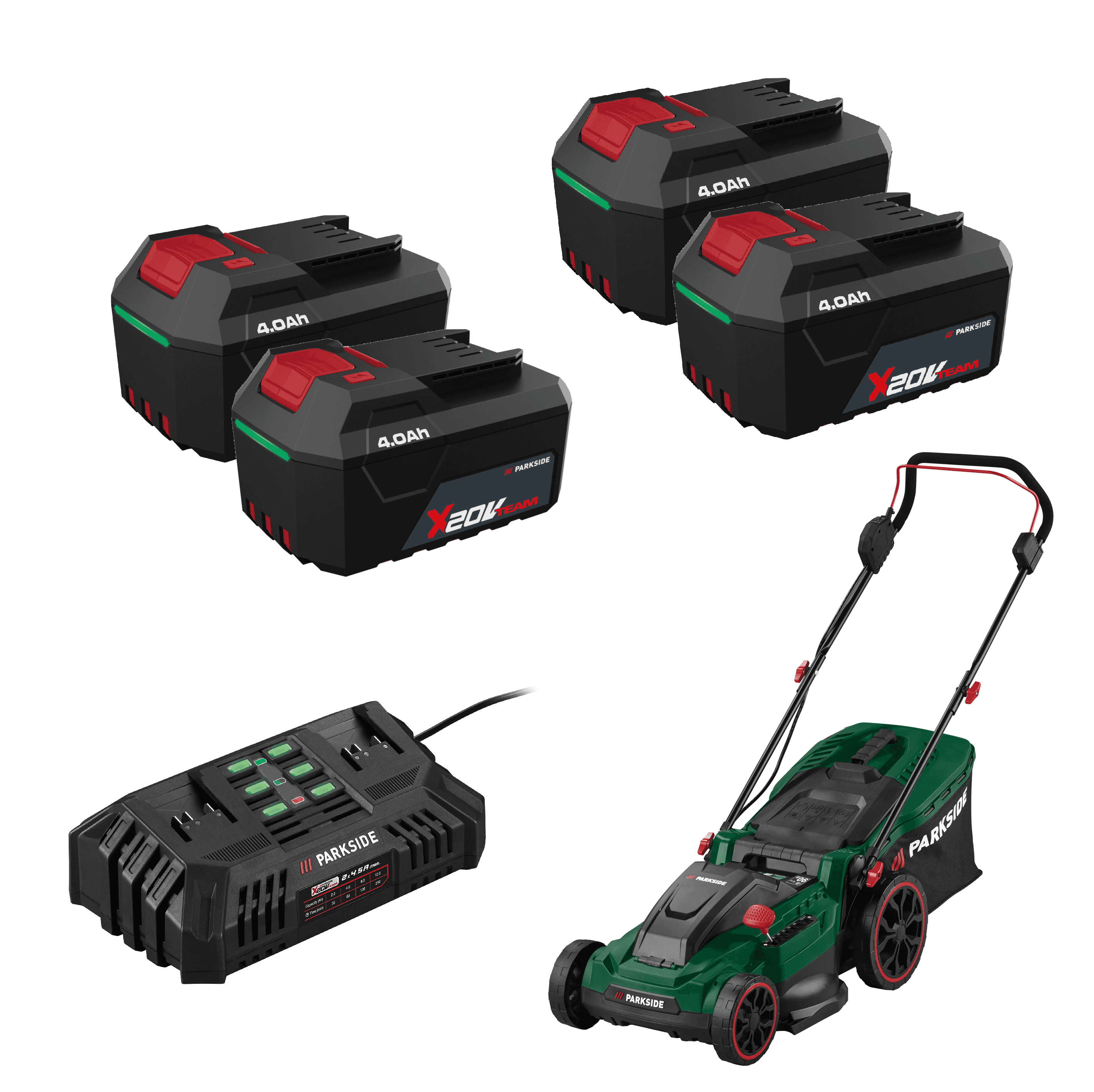 PARKSIDE® Aku kosačka na trávu 40 V PARM 41 A14 + Akumulátor 20 V/4 Ah, 4 kusy + Dvojitá nabíjačka na akumulátor 20 V/4,5 A