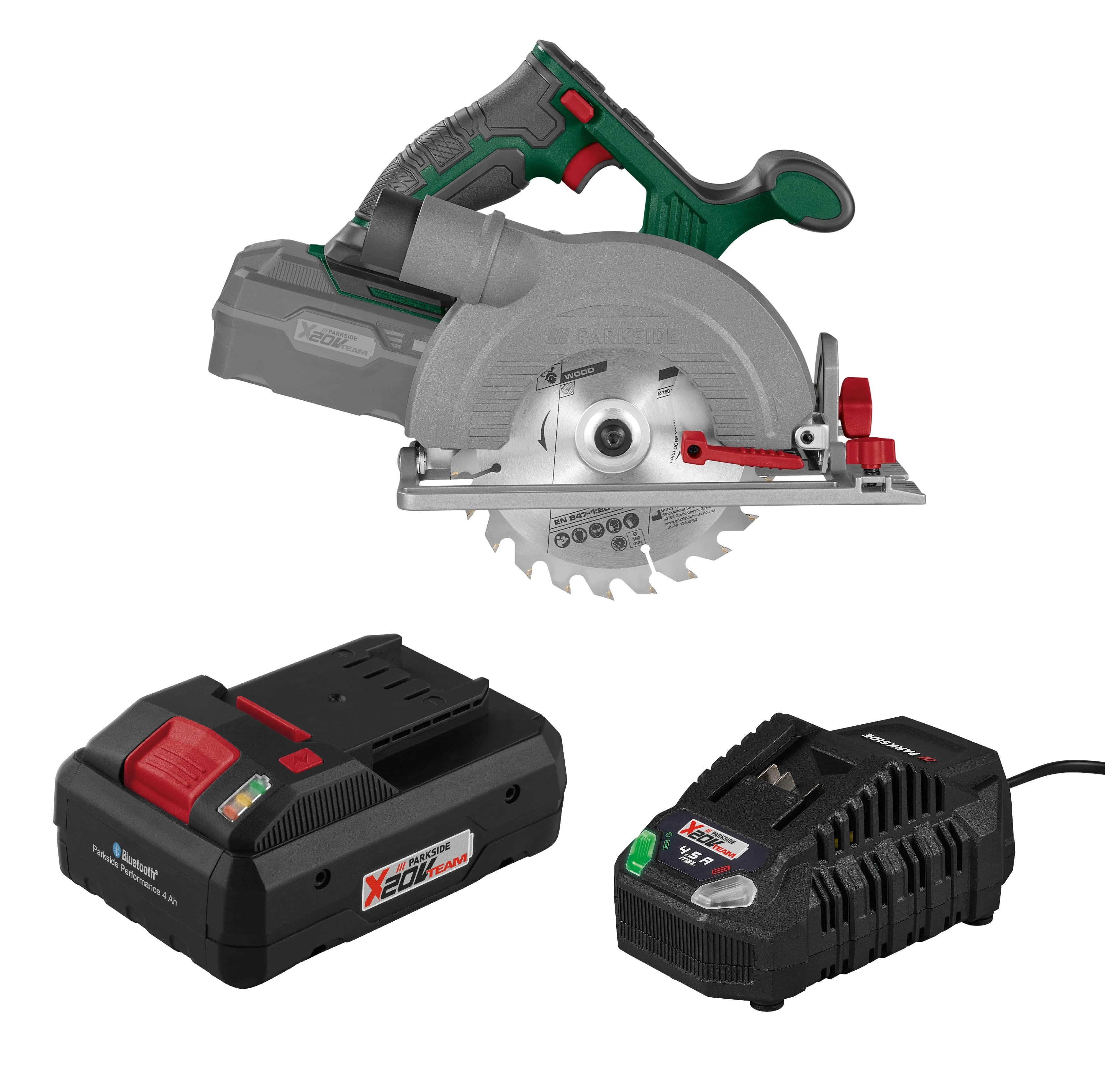 PARKSIDE® Aku ručná kotúčová píla 20 V PHKSA 20-Li C4 + Smart akumulátor 20 V/4 Ah + Rýchlonabíjačka akumulátora 20 V/4,5 A