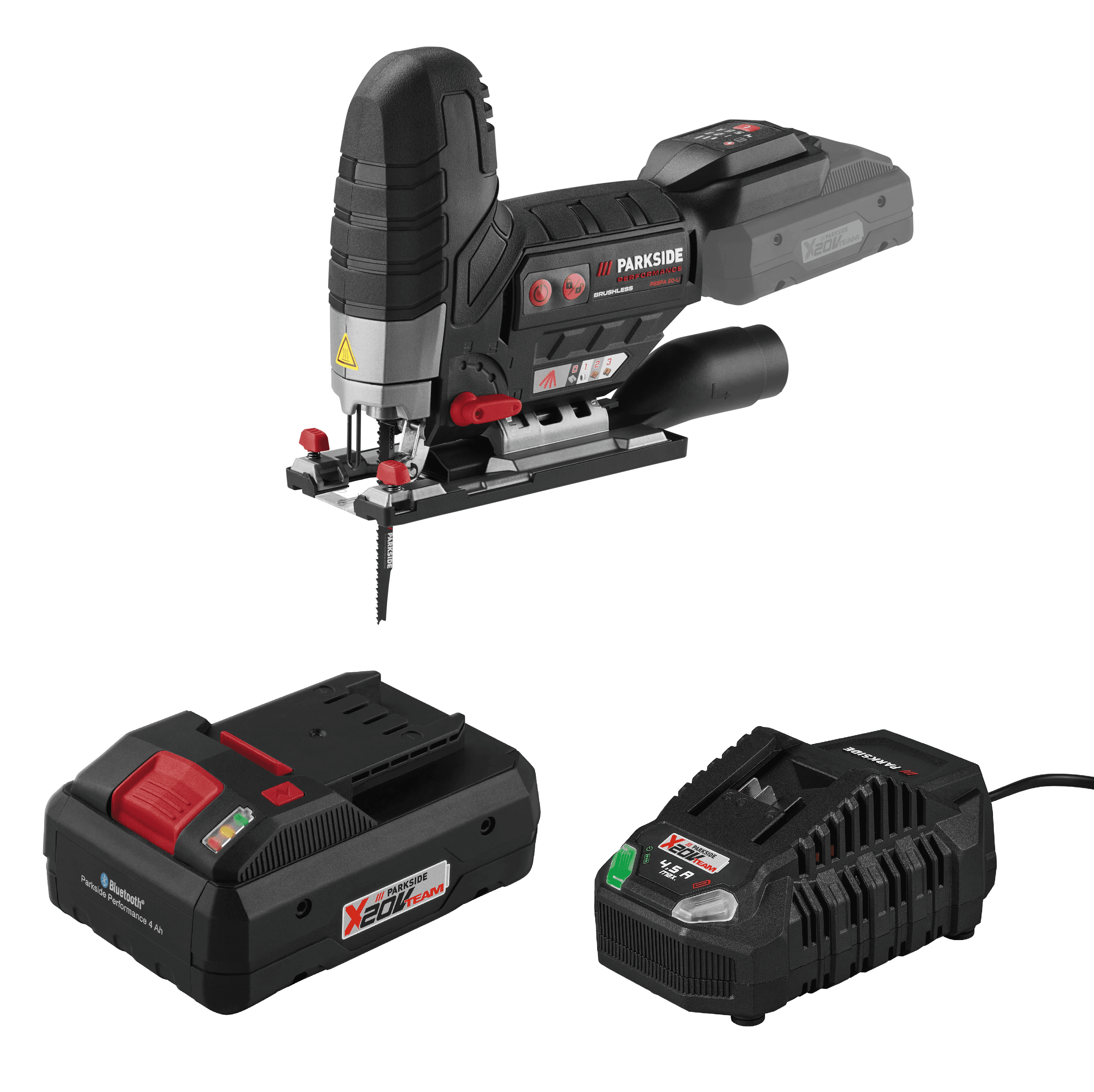 PARKSIDE PERFORMANCE® Aku priamočiara píla 20 V PSSPA 20-Li F4 + Smart akumulátor 20 V/4 Ah + Rýchlonabíjačka akumulátora 20 V/4,5 A 1