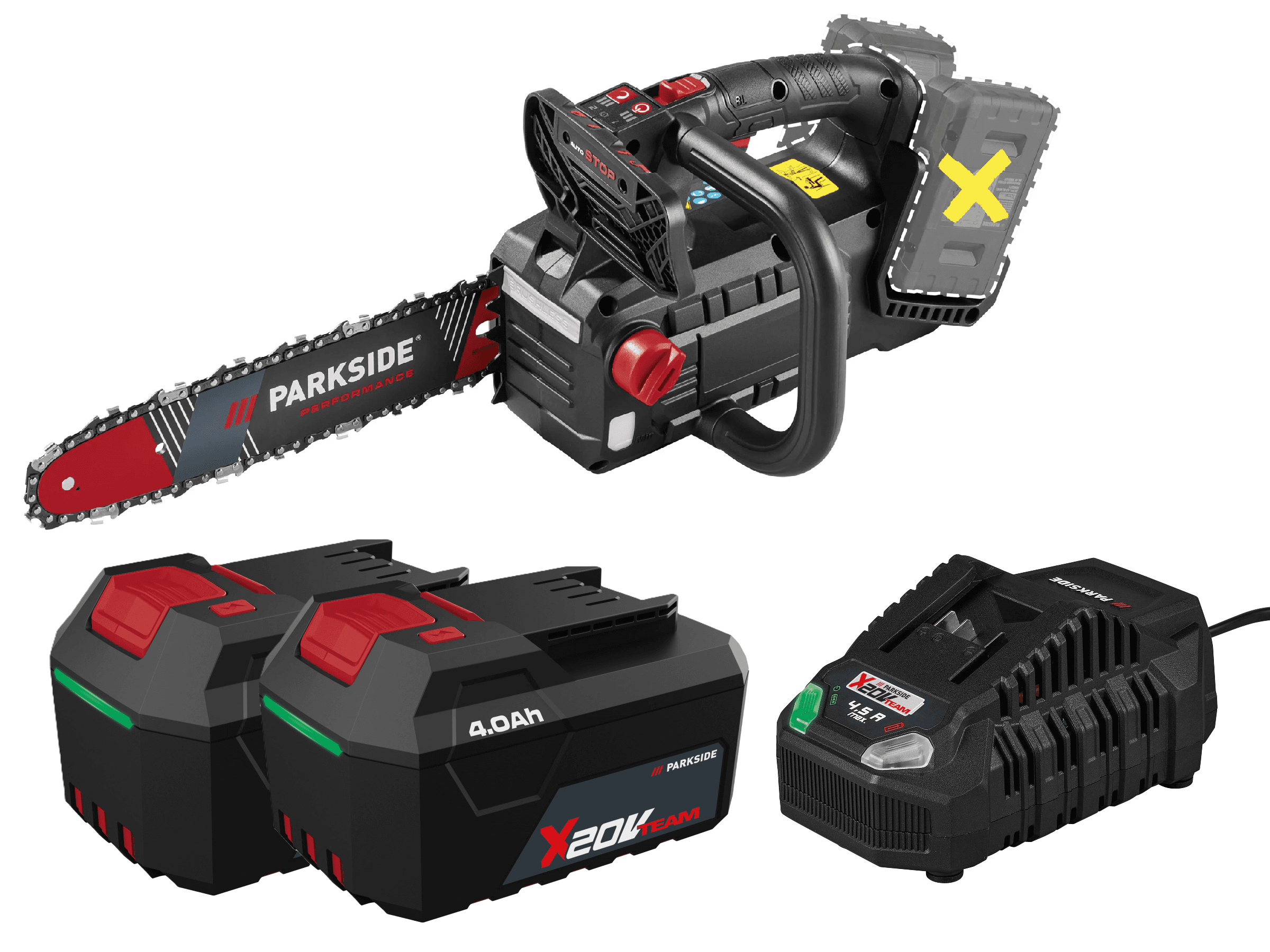 PARKSIDE PERFORMANCE® Aku prerezávacia píla 40 V PPAKS 40-Li B2 + Akumulátor 20 V/4 Ah, 2 kusy + Rýchlonabíjačka 20 V/4,5 A 1