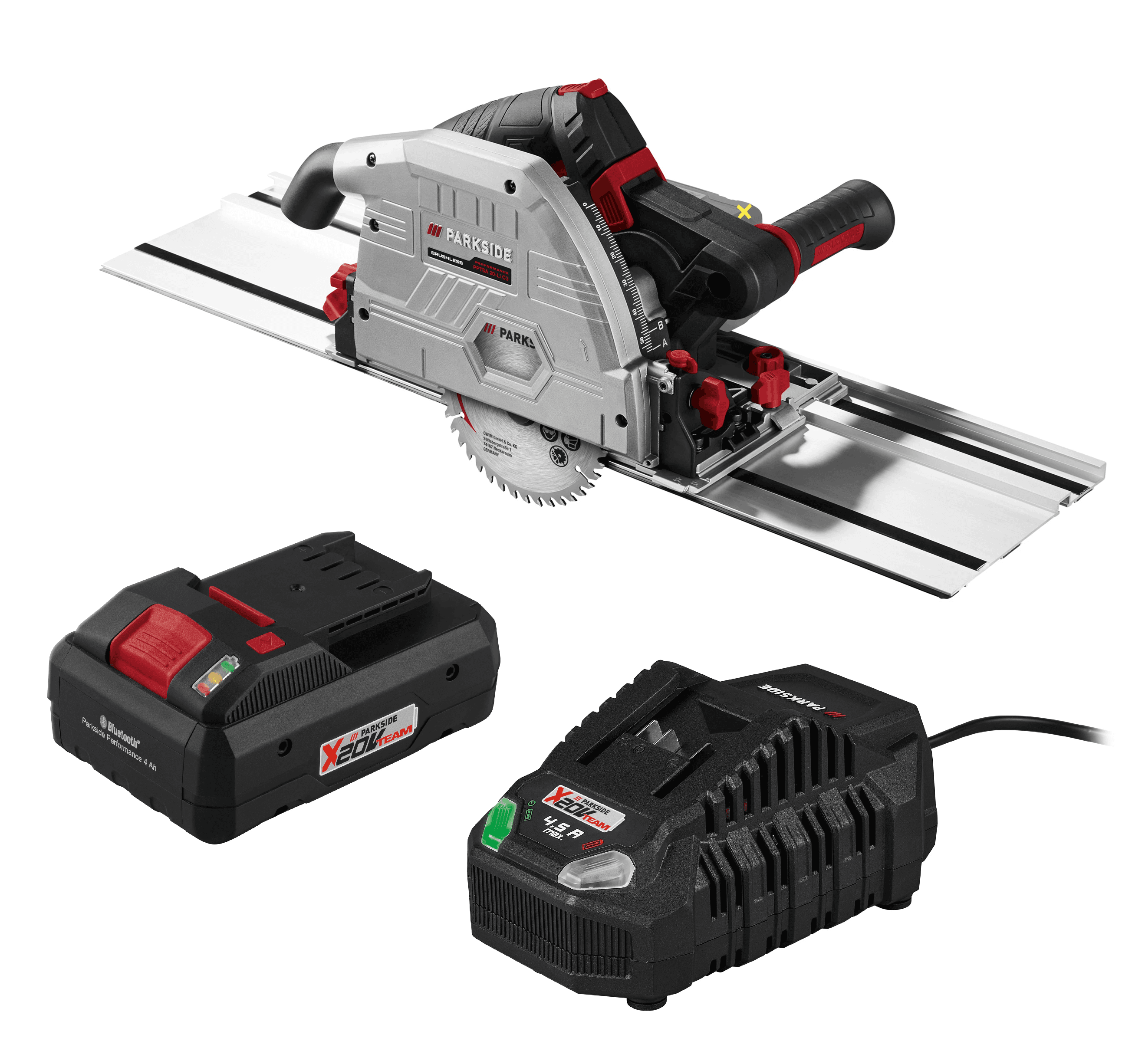 PARKSIDE PERFORMANCE® Aku ponorná píla PPTSA 20-Li C3 + Smart akumulátor 20 V/4 Ah + Rýchlonabíjačka akumulátora 20 V/4,5 A