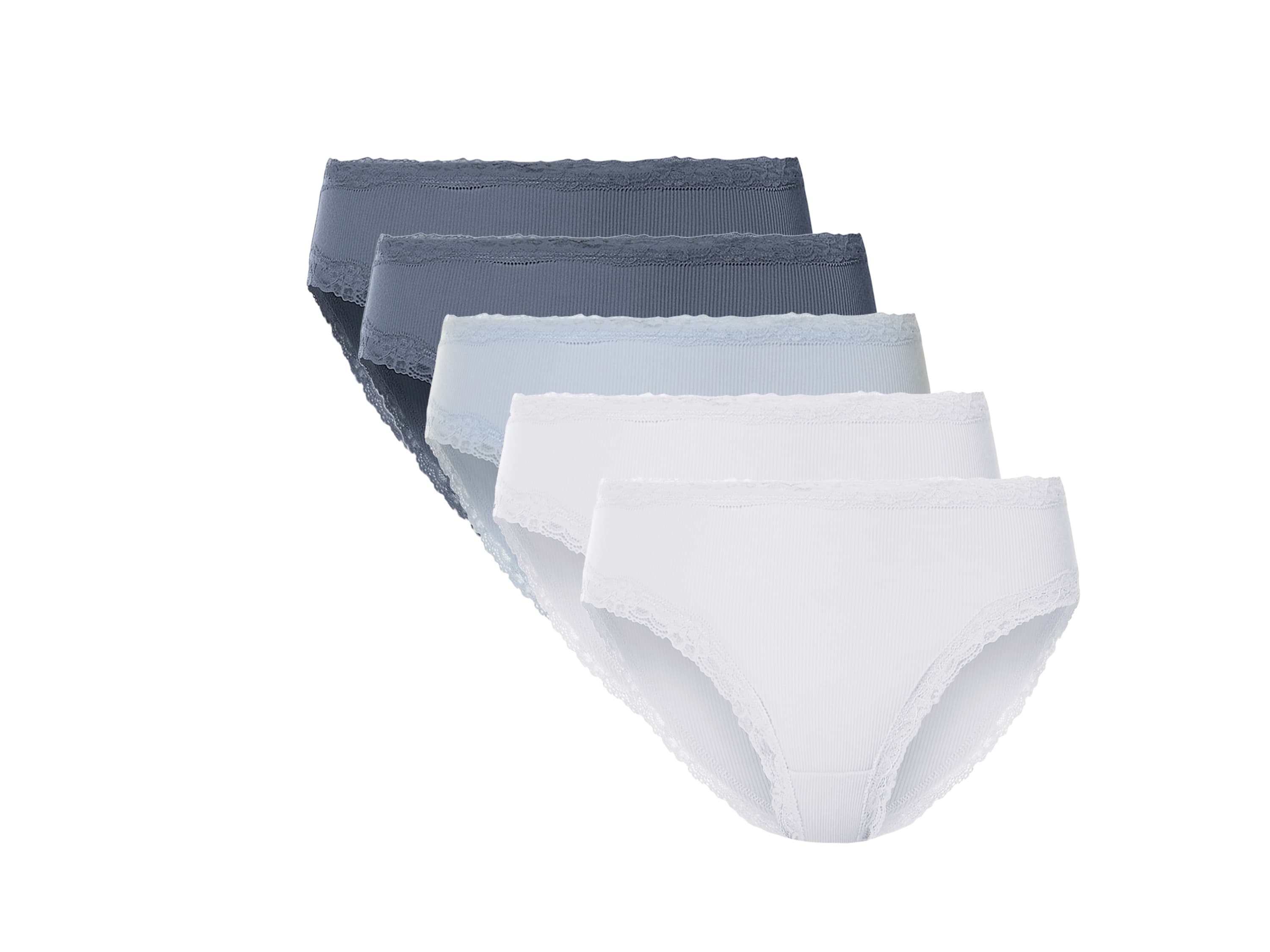 esmara® Dámske rebrované nohavičky s čipkou, 5 kusov (modrá/biela, XS (32/34))