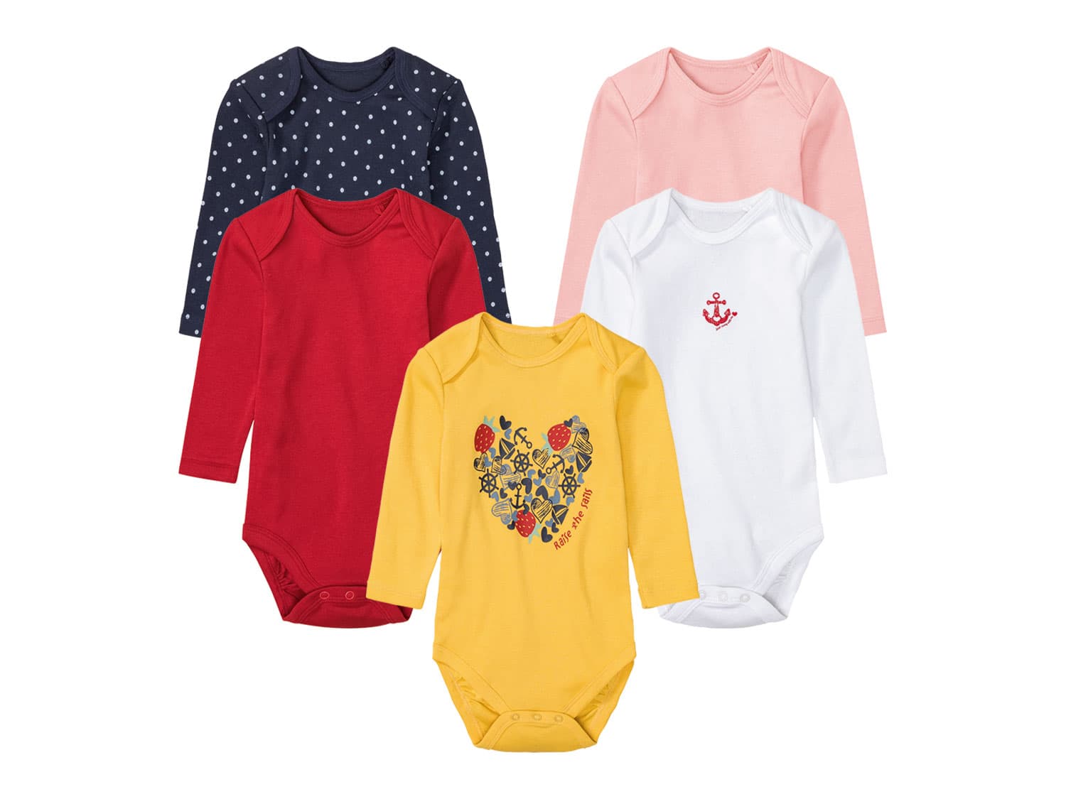 lupilu® Detské body pre bábätká s dlhým rukávom, 5 kusov (62/68, biela/žltá/červená/ružová/modrá) 1