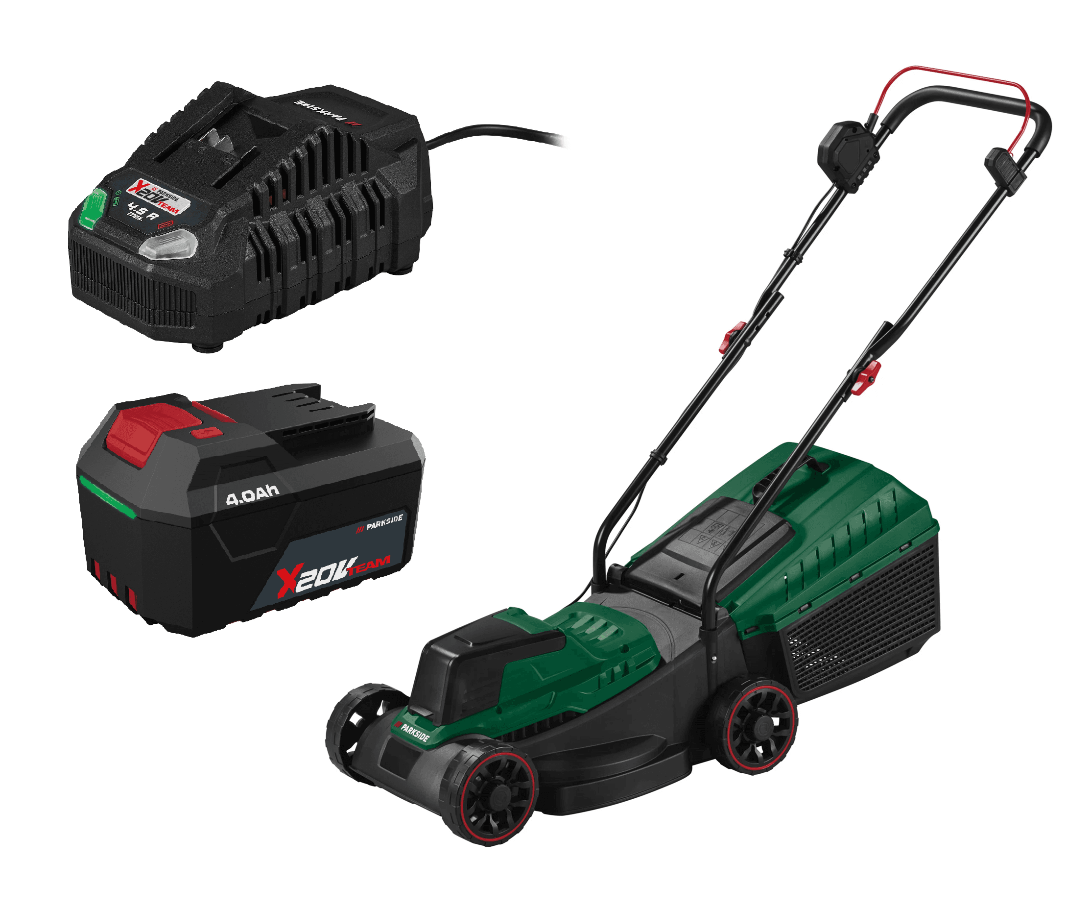 PARKSIDE® Aku kosačka na trávu 20 V PARM 20 A1 + Rýchlonabíjačka akumulátora 20 V/4,5 A + Akumulátor 20 V/4 Ah