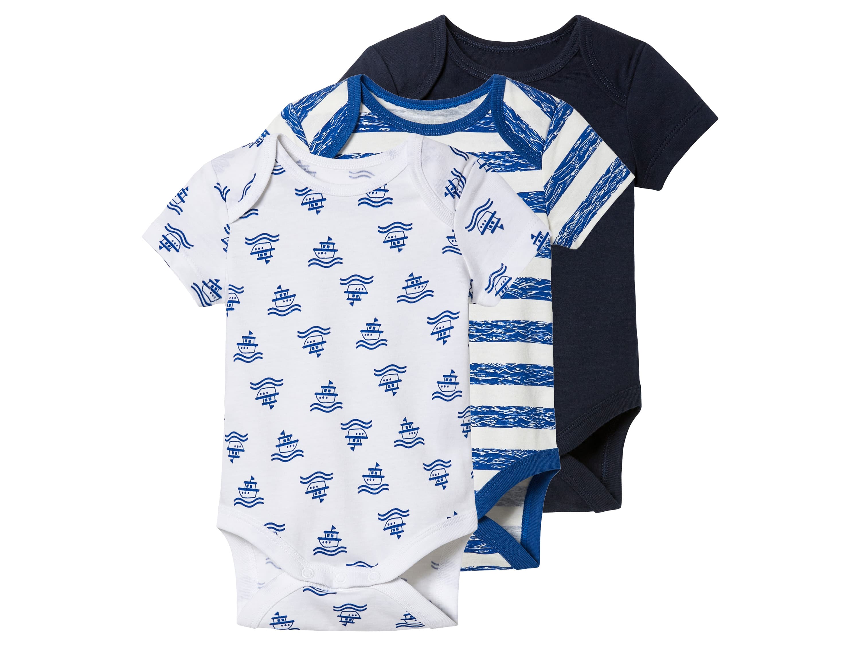 lupilu® Chlapčenské body s krátkym rukávom pre bábätká, 3 kusy (50/56, pruhy/navy modrá/biela)
