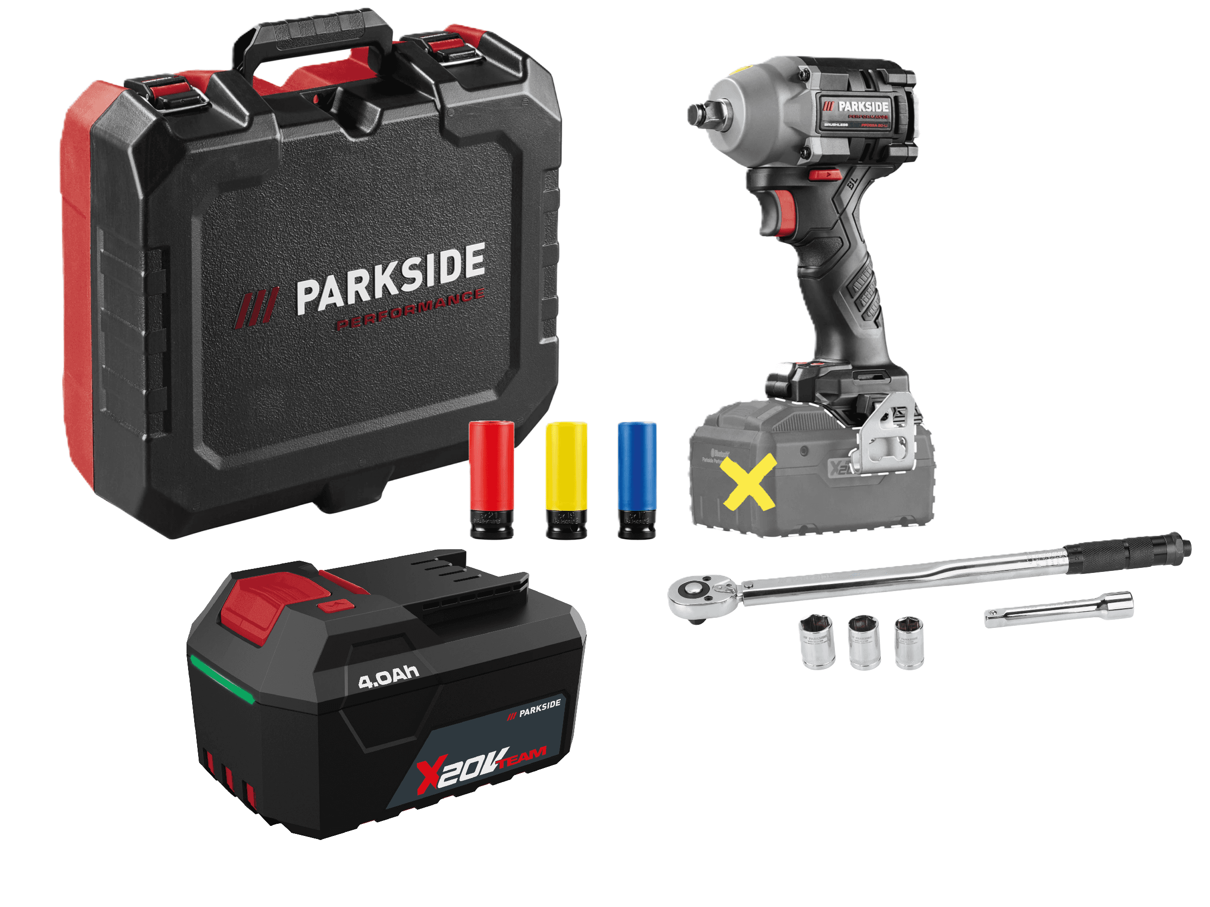 PARKSIDE PERFORMANCE® Aku rázový uťahovák PPDSSA 20-Li B2 + Akumulátor 20 V/4 Ah + Súprava momentových kľúčov, 12,5 mm