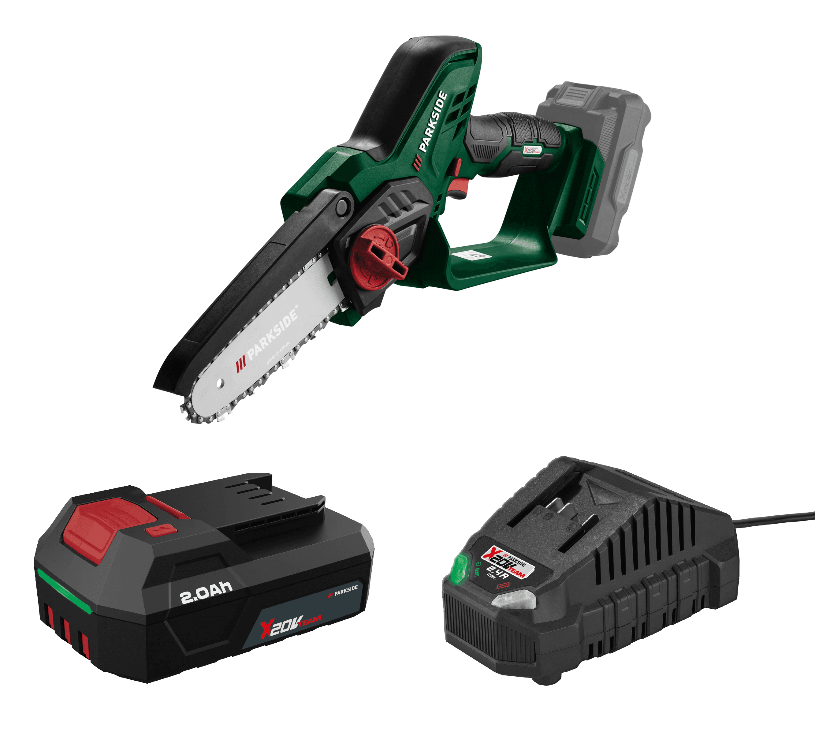 PARKSIDE® Aku reťazová píla PAGHS 20-Li C4 + Akumulátor 20 V/2 Ah PAP 202 A1 + Nabíjačka na akumulátor 20 V/2,4 A PLG 20 C1