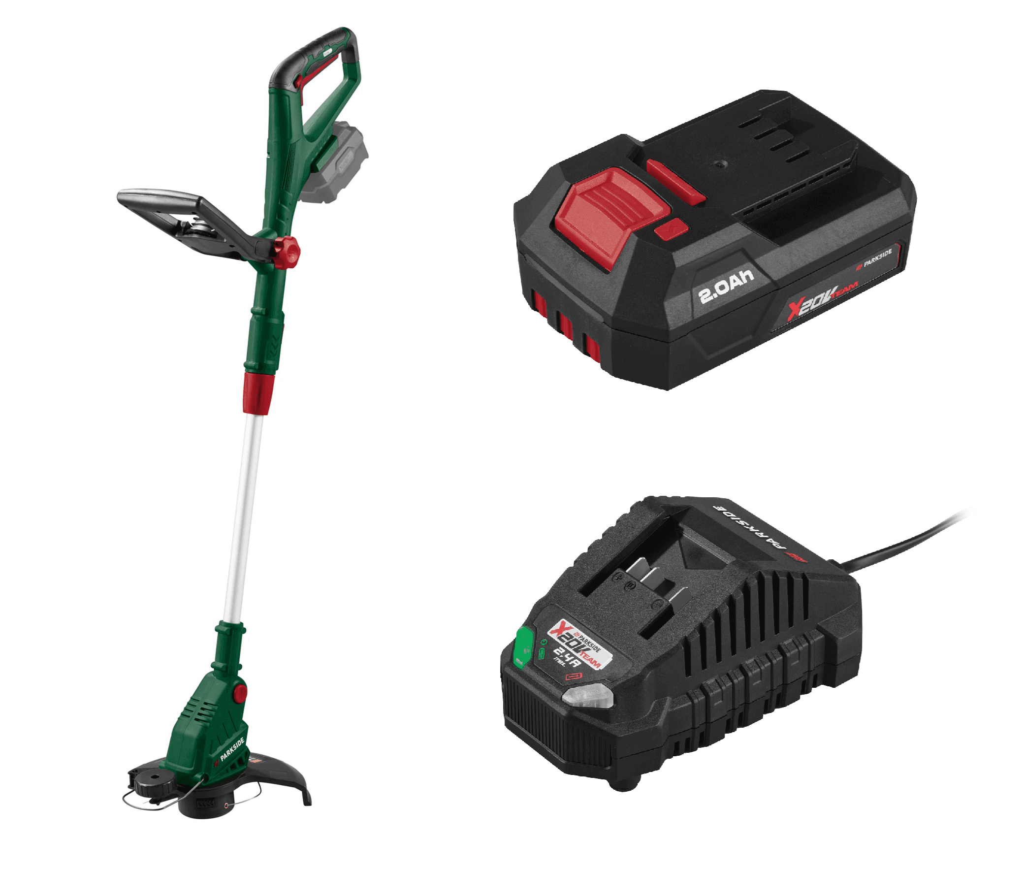 PARKSIDE® Aku strunová kosačka 20 V PRTA 20-Li D3 + Akumulátor 20 V/2 Ah PAP 202 A1 + Nabíjačka na akumulátor 20 V/2,4 A PLG 20 C1