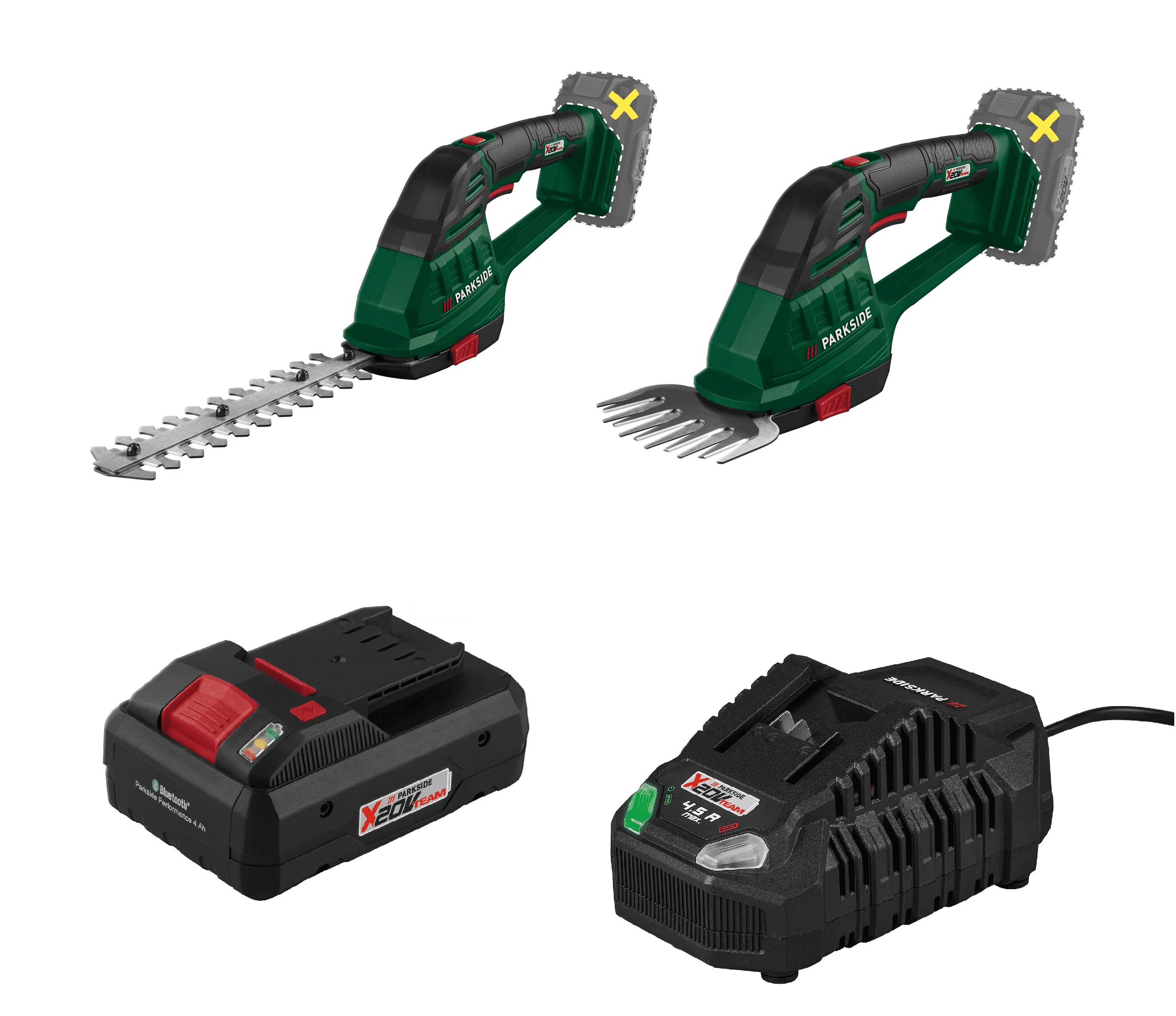 PARKSIDE® Aku nožnice na trávnik a živý plot 20 V PAGS A1 + Smart akumulátor 20 V/4 Ah + Rýchlonabíjačka akumulátora 20 V/4,5 A