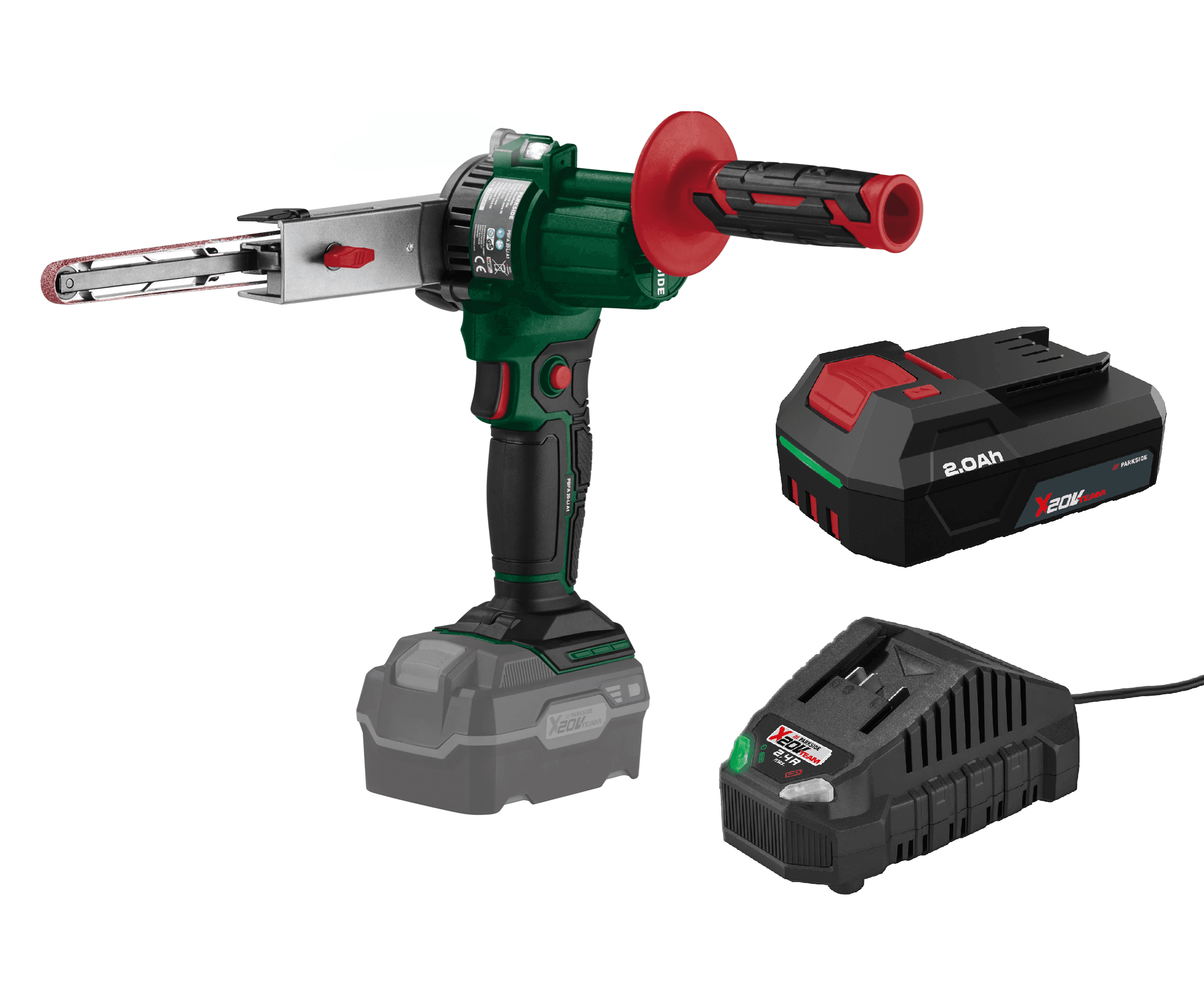 PARKSIDE® Aku pásový pilník 20 V PBFA 20-Li A1 + Akumulátor 20 V/2 Ah PAP 202 A1 + Nabíjačka na akumulátor 20 V/2,4 A PLG 20 C1